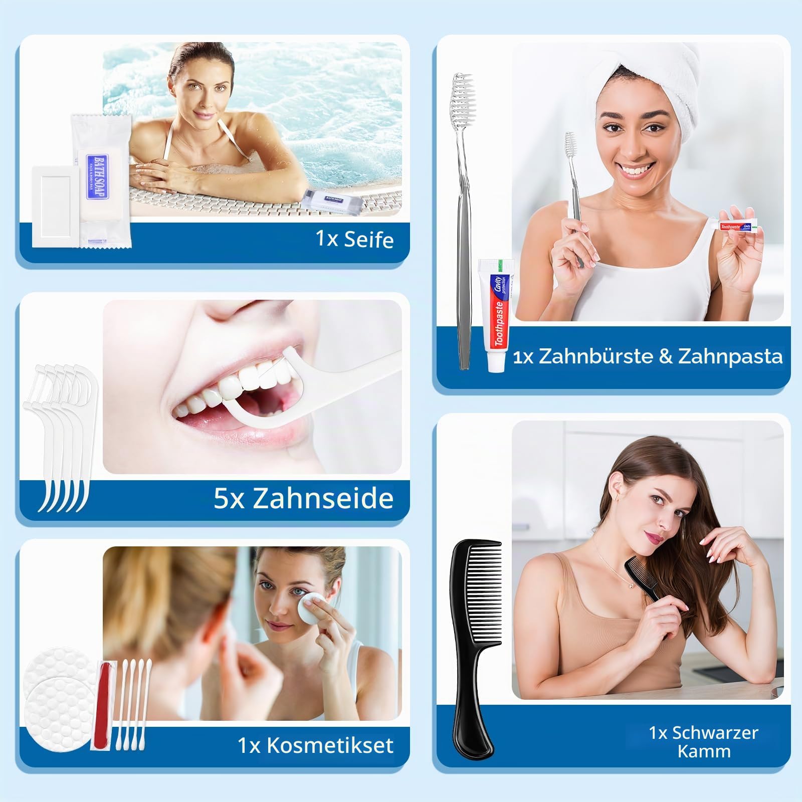 50er Einweg-Zahnpflege-Set 8-in-1, Reise-Zahnpflege Set mit Zahnbürste | Zahnpasta, Zahnseide, Hygiene Set, Zahnputzset Gäste für Damen, Herren, Hotel, Reise & Vorrat