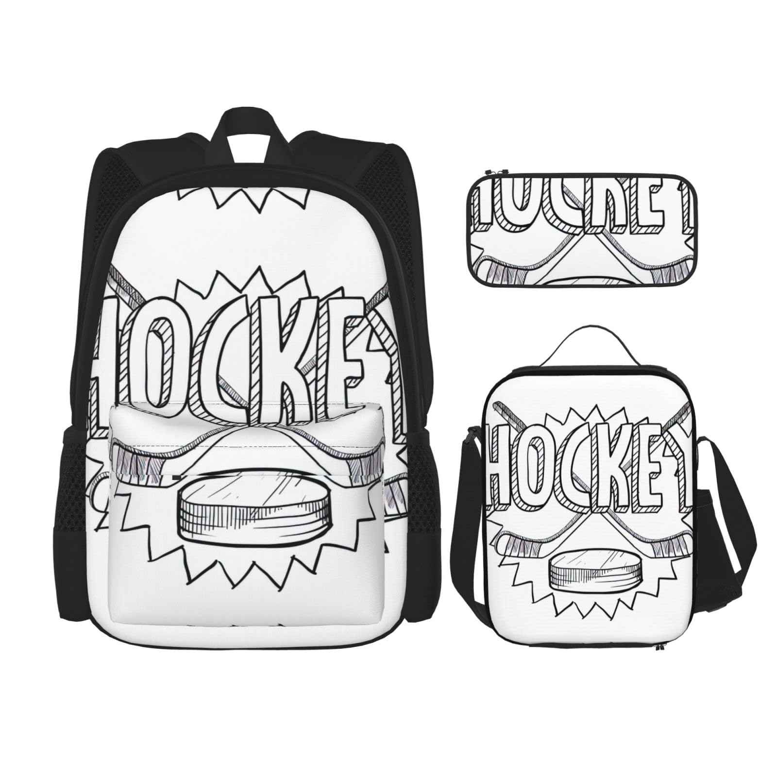 Sac à dos de grande capacité pour crosse de hockey - Sac à déjeuner, trousse à crayons - Ensemble de 3 pièces, pour l'école secondaire, Hockey, Taille unique
