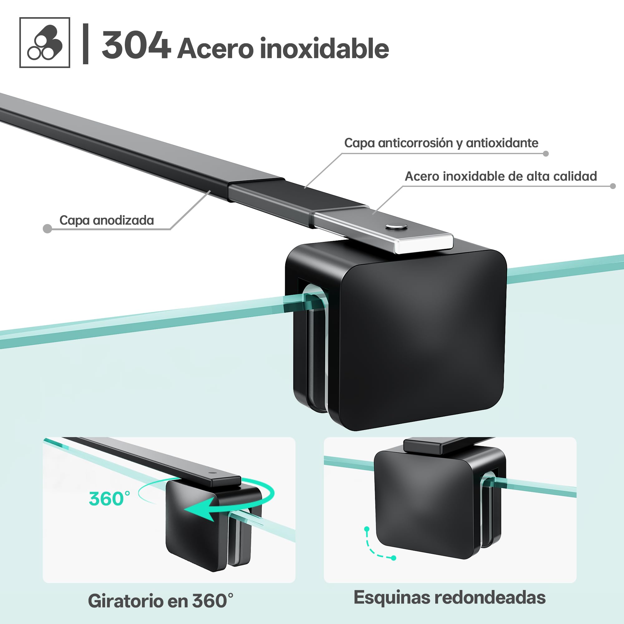 Barra de soporte telescópica de pared para mampara de ducha, ajustable de 66,7 a 121,5 cm (desde la pared hasta el borde interior del vidrio), para vidrio de 6-10 mm, negro mate | Fabricado con acero inoxidable 304, adecuado para vidrio de 6-10 mm, diseño