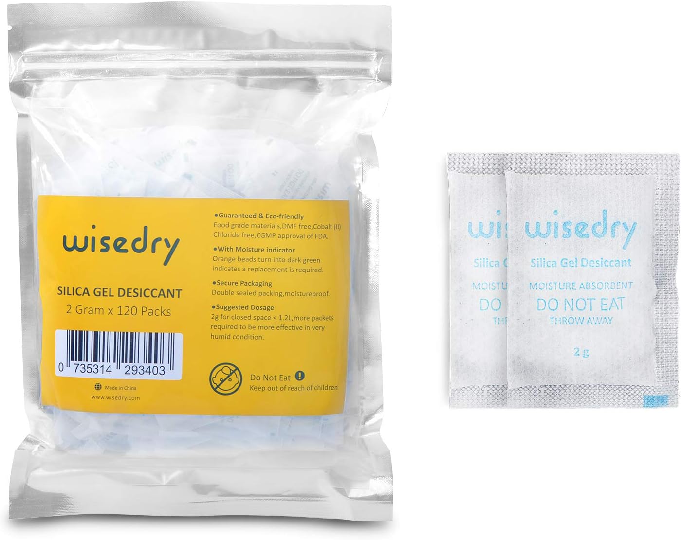 2 Gram [120 Packs] wisedry Small Silica Gel Sachets Desiccant Packs for Food Storage Moisture Absorbers Bags for Gun Safes Closet Tools Storage Food Grade
