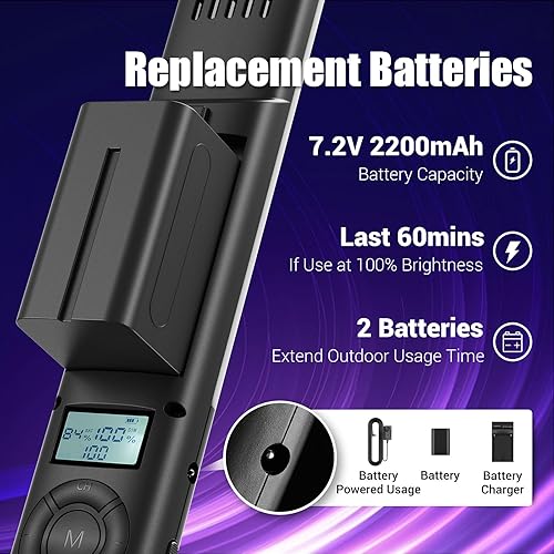 Miniatura 5 de Tolifo Varita de luz LED RGB para fotografía con 2 baterías, barra de luz de video portátil de 20 W con puerta de granero de metal, iluminación