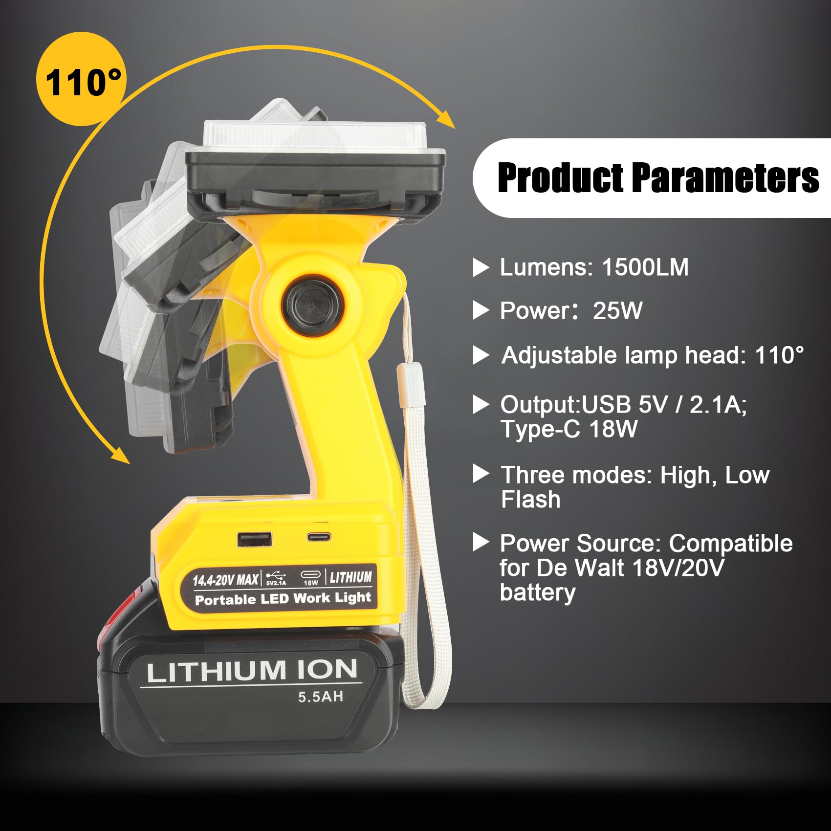 I-Bateria LED Work Light For DeWalt 20V Battery - 1500LM, 110° Pivoting Head, USB/Type-C Phone Charging Port (Tool Only) - View #5