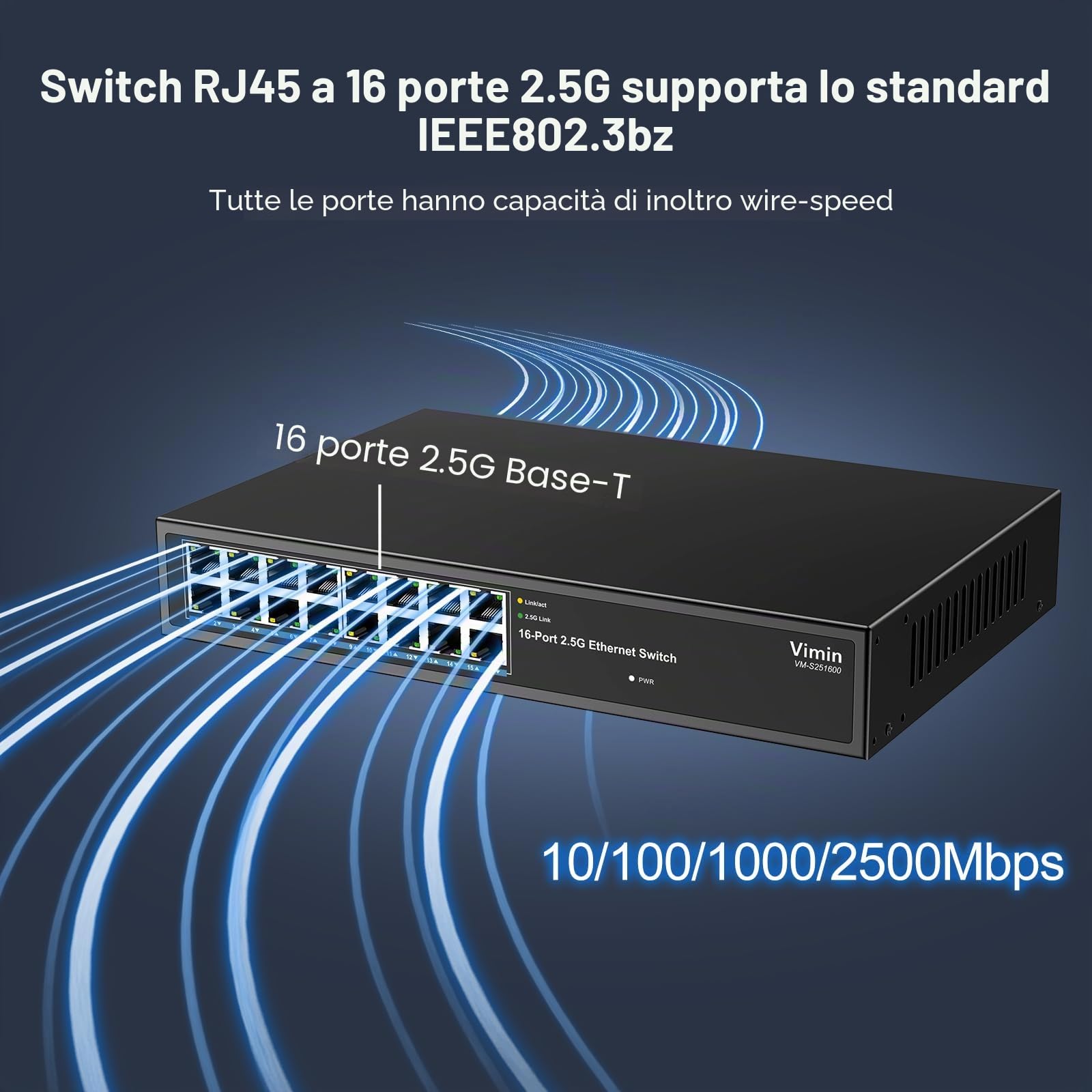 VIMIN Switch 2.5G Non gestito, 16 Porte 2.5GB Base-T Ethernet Switch, 2.5Gb Switch di Rete Plug & Play, Compatibile con 10/100/1000/2500Mbps, alloggiamento in Metallo, Senza Ventola, per Nas da 2,5
