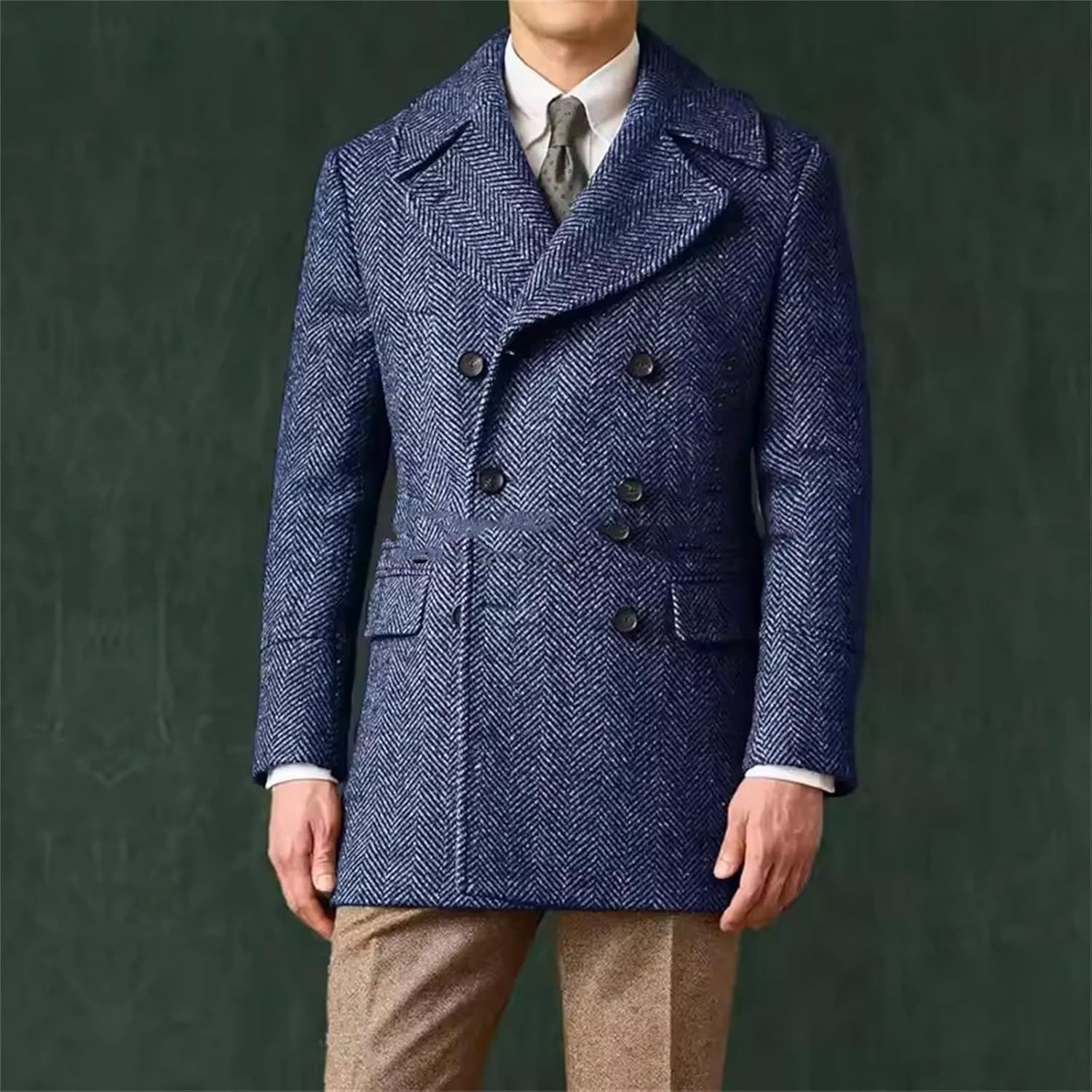 Men's Herringbone Jacket Woolen Long sleeves Elegant Suit Blazers Double Breasted Classic Style Coats
