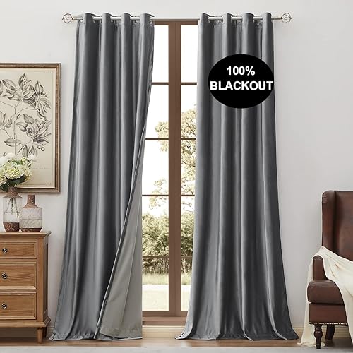 BULBUL Cortinas de terciopelo 100% opacas para ventana, color gris, de 96 pulgadas de largo, cortinas de oscurecimiento de habitación, con