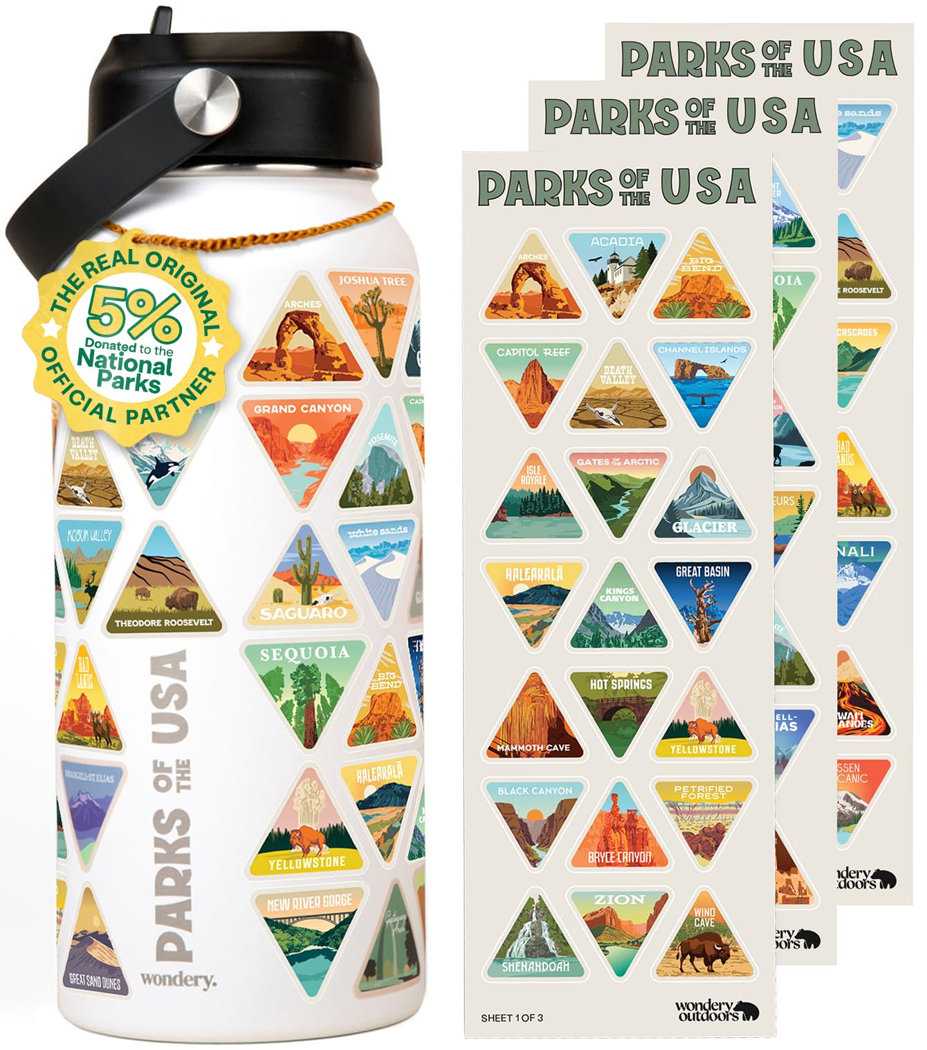 Wondery Parks of the USA® Water Bottle With 63 Waterproof Stickers of Parks (USA), 32 oz Stainless Steel Water Bottle for Traveling, Hiking, Camping,