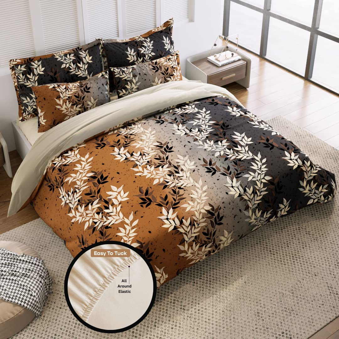 TIB Cotton Feel Elastic Fitted Bedsheets King Size | King Size Bedsheet & Elastic Fitted with 2 Pillow Covers (72” x 78” or 182 x 152 cm) Brown Leaf (B0BSXBVGZR) Amazon Price History, Amazon Price Tracker