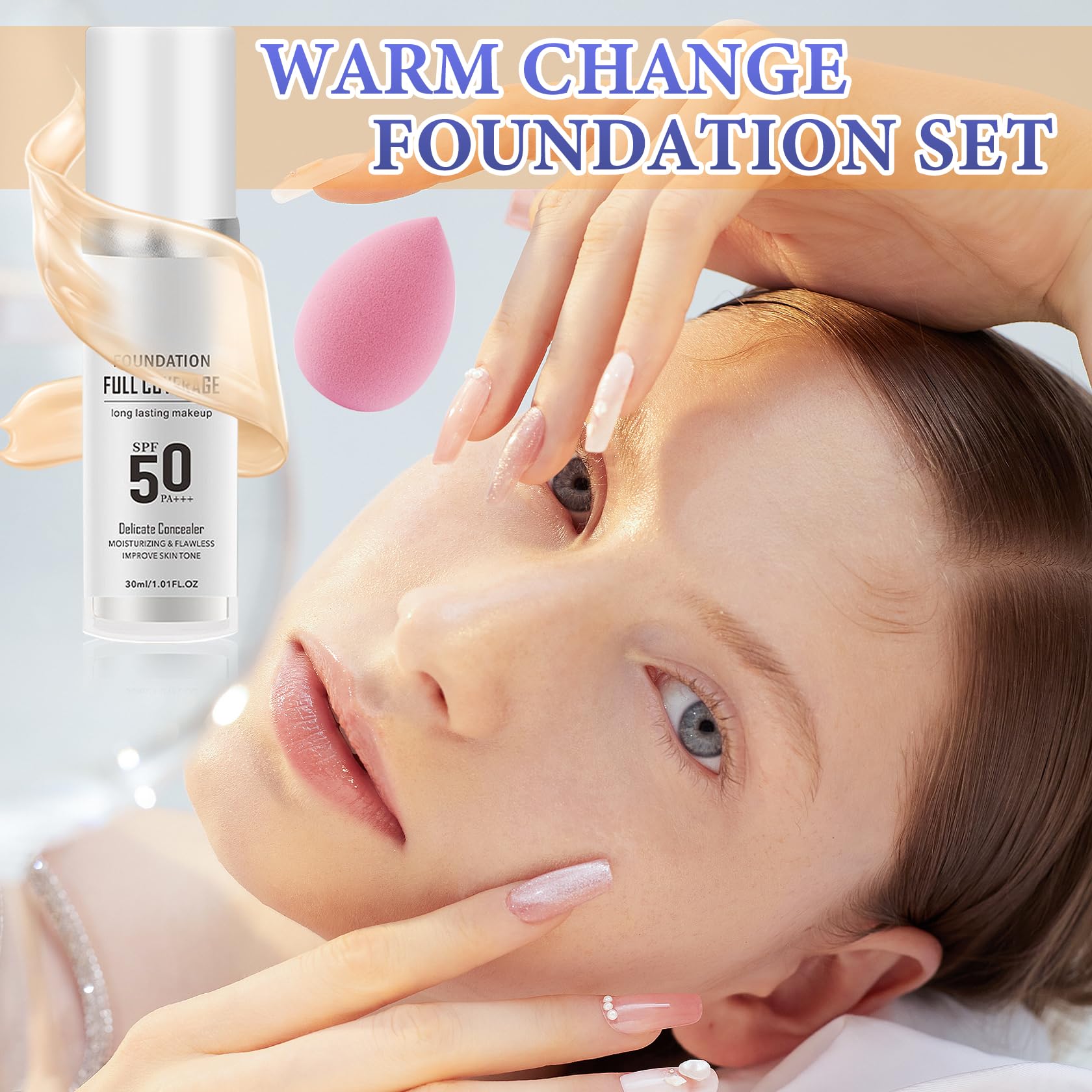 2er Set Farbverändernde Foundation Vollabdeckung Makellose Nicht Fettige Foundation mit Pinsel und Make-up-Schwamm Feuchtigkeitsspendende flüssige Foundation für alle Hauttypen