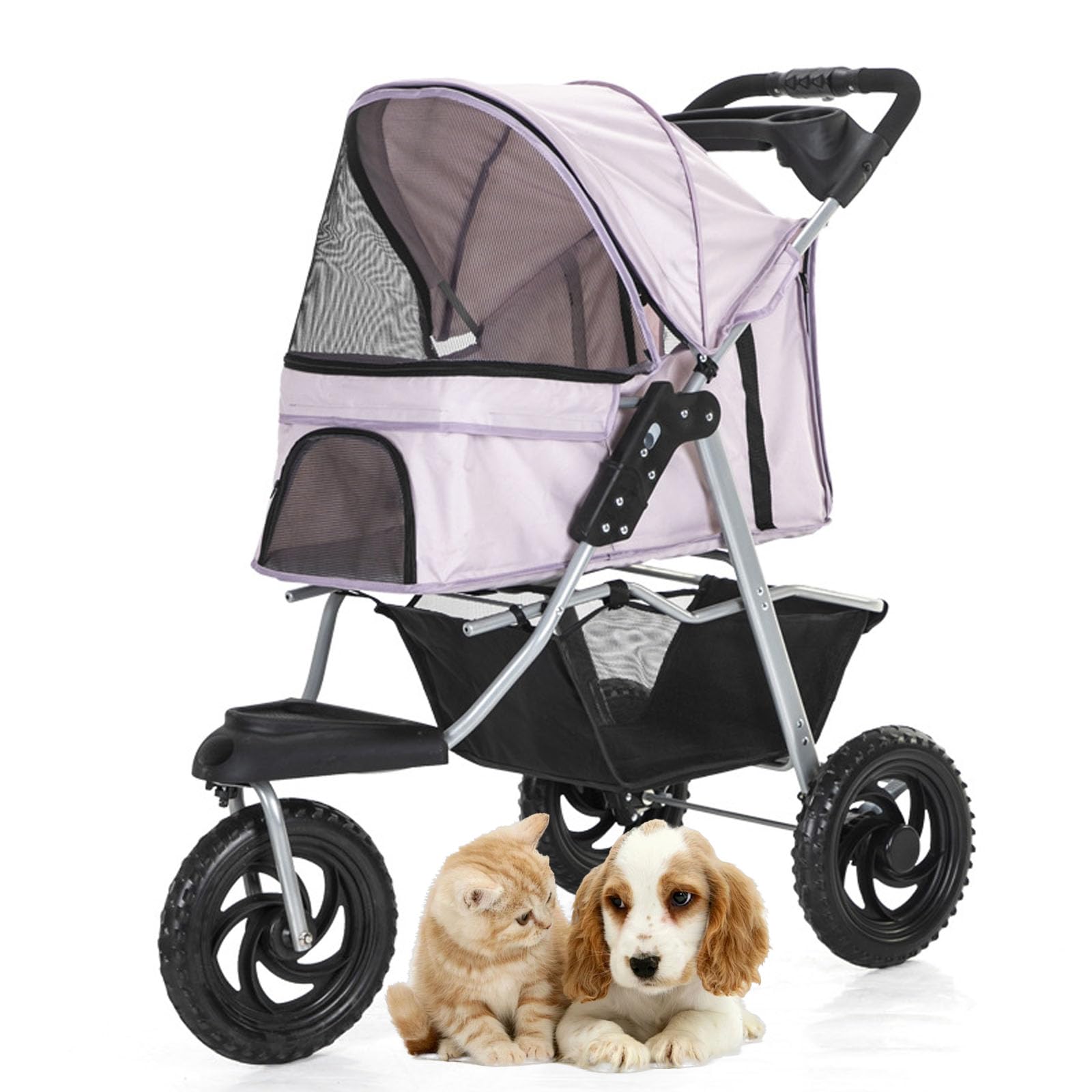 Passeggino per Cani da Compagnia con 3 Ruote Grandi, Passeggino da Viaggio Pieghevole per Cani con Cestino portaoggetti, Passeggino da Viaggio per Cuccioli,Rosa