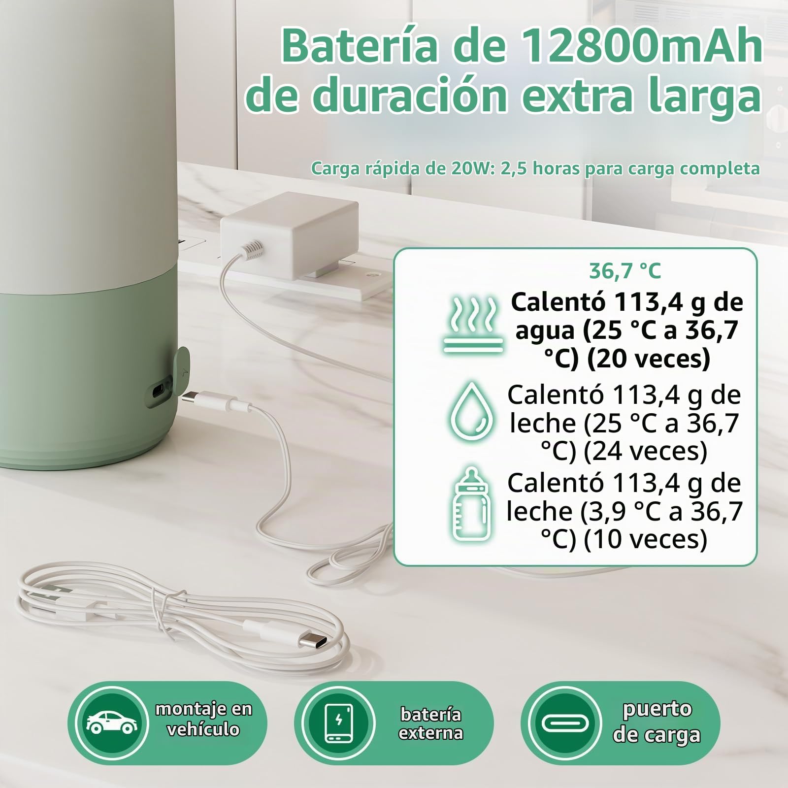 Calentador de biberón portátil, 500 ml, calentador de biberón con 70 °C pasteurización, calentamiento rápido 2 min, calentador de biberón beaba para viajes, acero inoxidable 316L, cerradura de