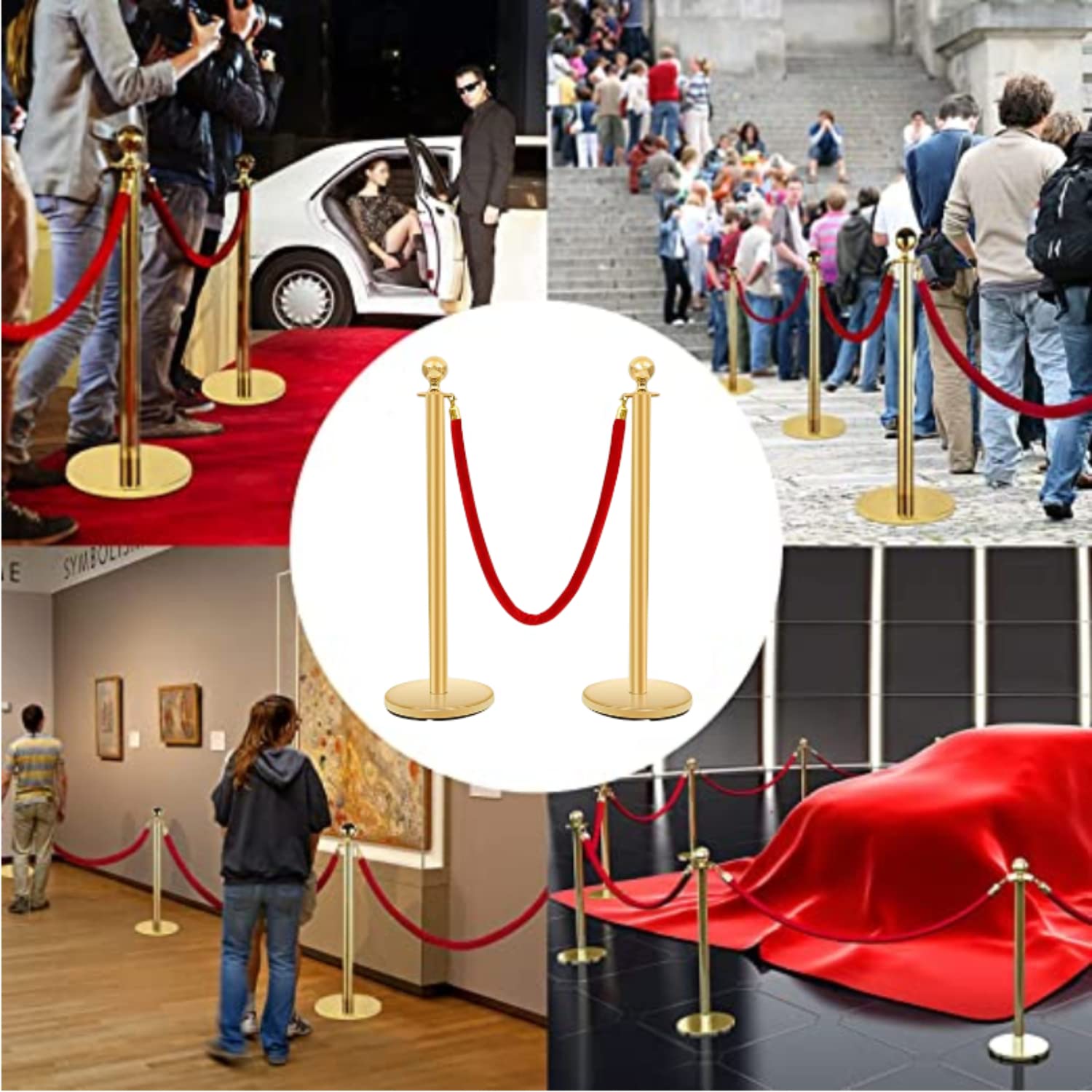 Lot de 4 Poteau de Guidage barrière Barrière de Queue pour Contrôle de Foule, Séparation de Guidage avec 3 Corde en Velour Rouge, Injection de Sable Base Creuse (Or)