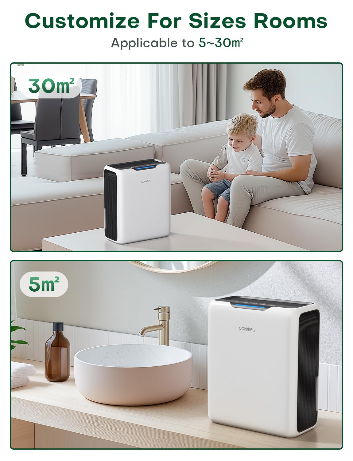 CONOPU Deumidificatore 3000ML, Demidificatore Casa, Semiconduttore Doppio, 30 dB Modalità Sonno, Sbrinamento Automatico, 1,3 kWh/Giorno, Timer 24h, Spegnimento Automatico