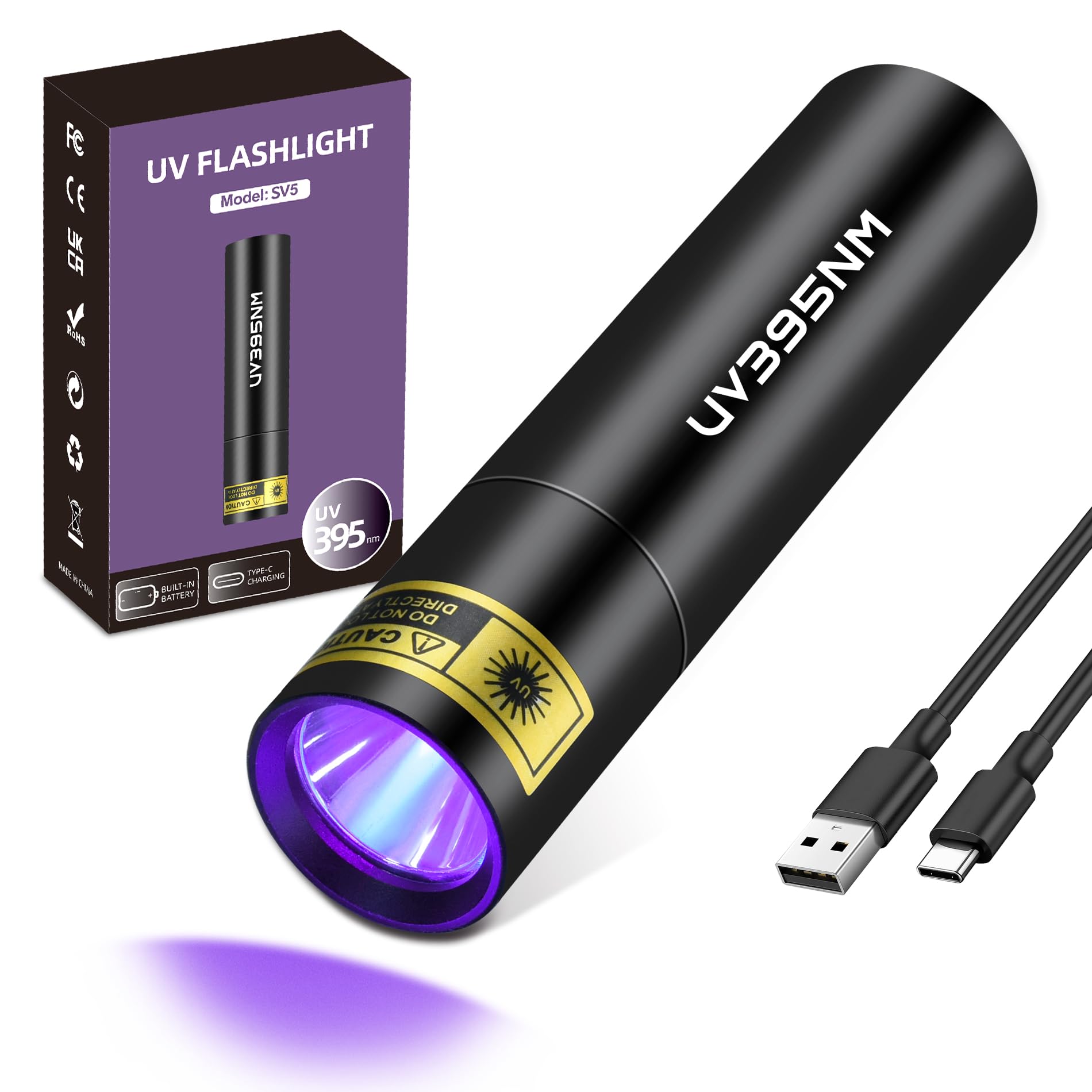PZZOE UV Flashlight Black Lights Wood's Lamp Powerful Mini Portable, LED 395nm USB Rechargeable Ultraviolet Blacklight Flashlights, Pet Urine Detector Light for uv Resin Curing