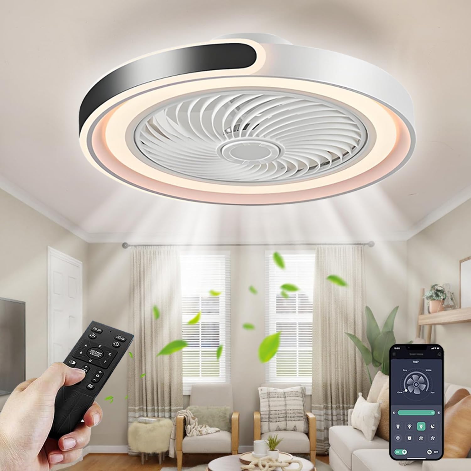 Ventilateur Plafond Silencieux avec Lumiere 50cm 70W LED Dimmable Télécommande APP Minuterie 6 Vitesses Blanc Noir