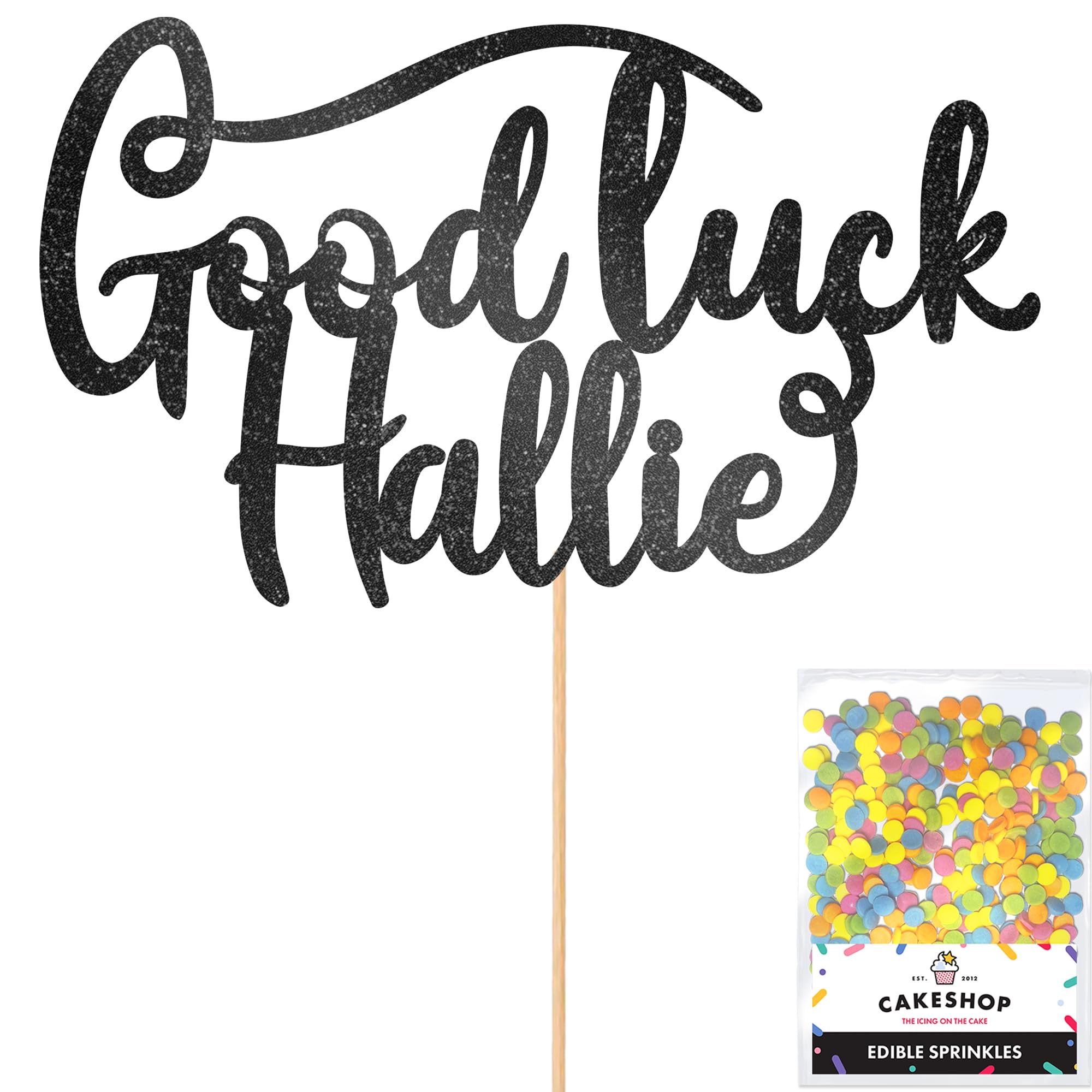 Cakeshop Personalised Good Luck Glitter Cake Topper With Sprinkles - Black Custom Colour - Any Name - Double-Sided Glitter Card Cake Decoration - Custom Toppers for Cakes