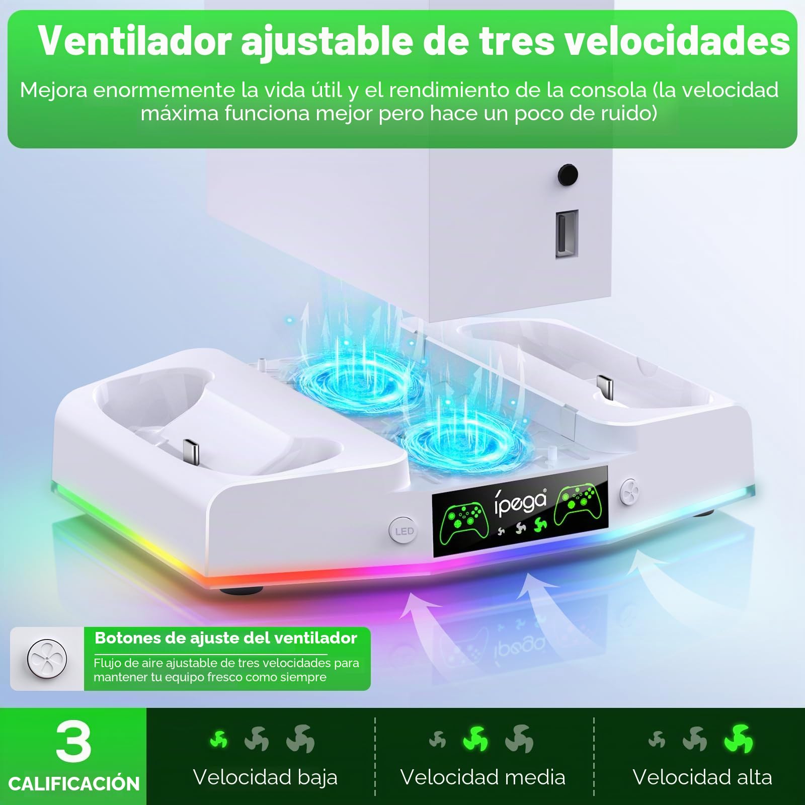FYOUNG Estación de carga para consola Xbox Series S, accesorio de estación de carga de controlador vertical actualizado con 15 luces RGB, sistema de ventilador refrigerador, 2 baterías recargables de