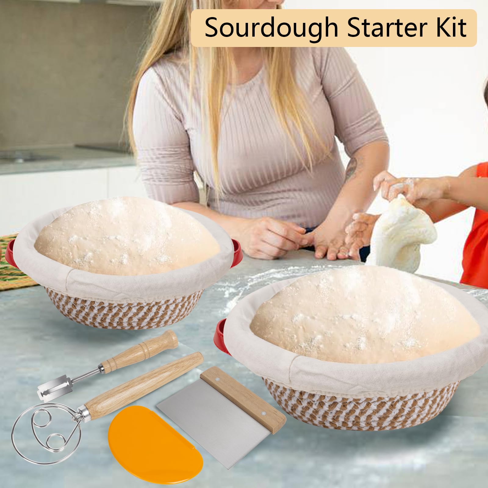 2 Banneton pour Pain,Panier de Fermentation en Coton Tissé avec Doublure en Lin,Grattoir,Brosse en Silicone,Tapis de Cuisson,Coupe-pâte,Fouet à Pâte