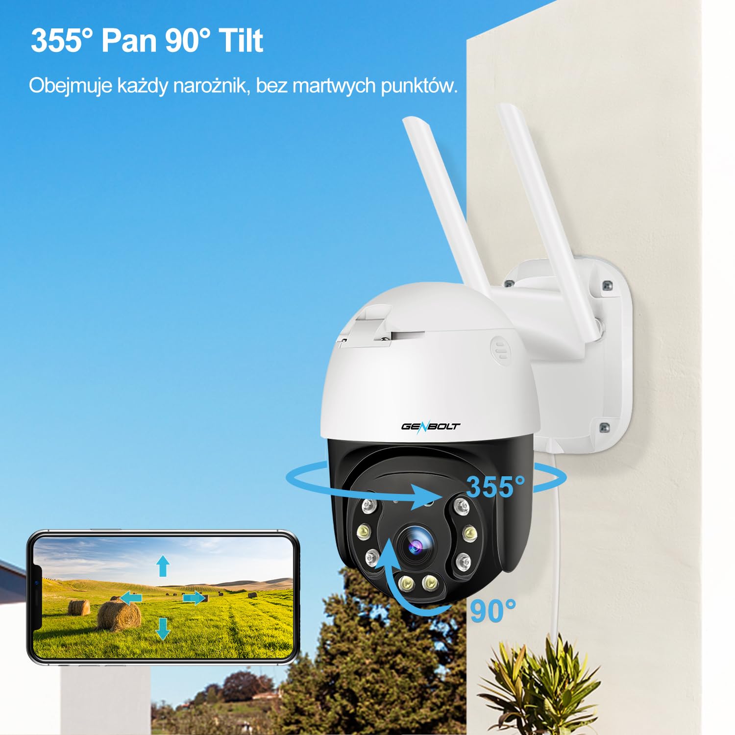 GENBOLT 2K 3G/4G LTE Zewnętrzna Kamera Monitorująca Z Kartą SIM, CCTV Bezprzewodowa PTZ Kamera IP Zewnętrzna Bez WIFI, Kolorowe Widzenie Nocne,4G Camera Outdoor
