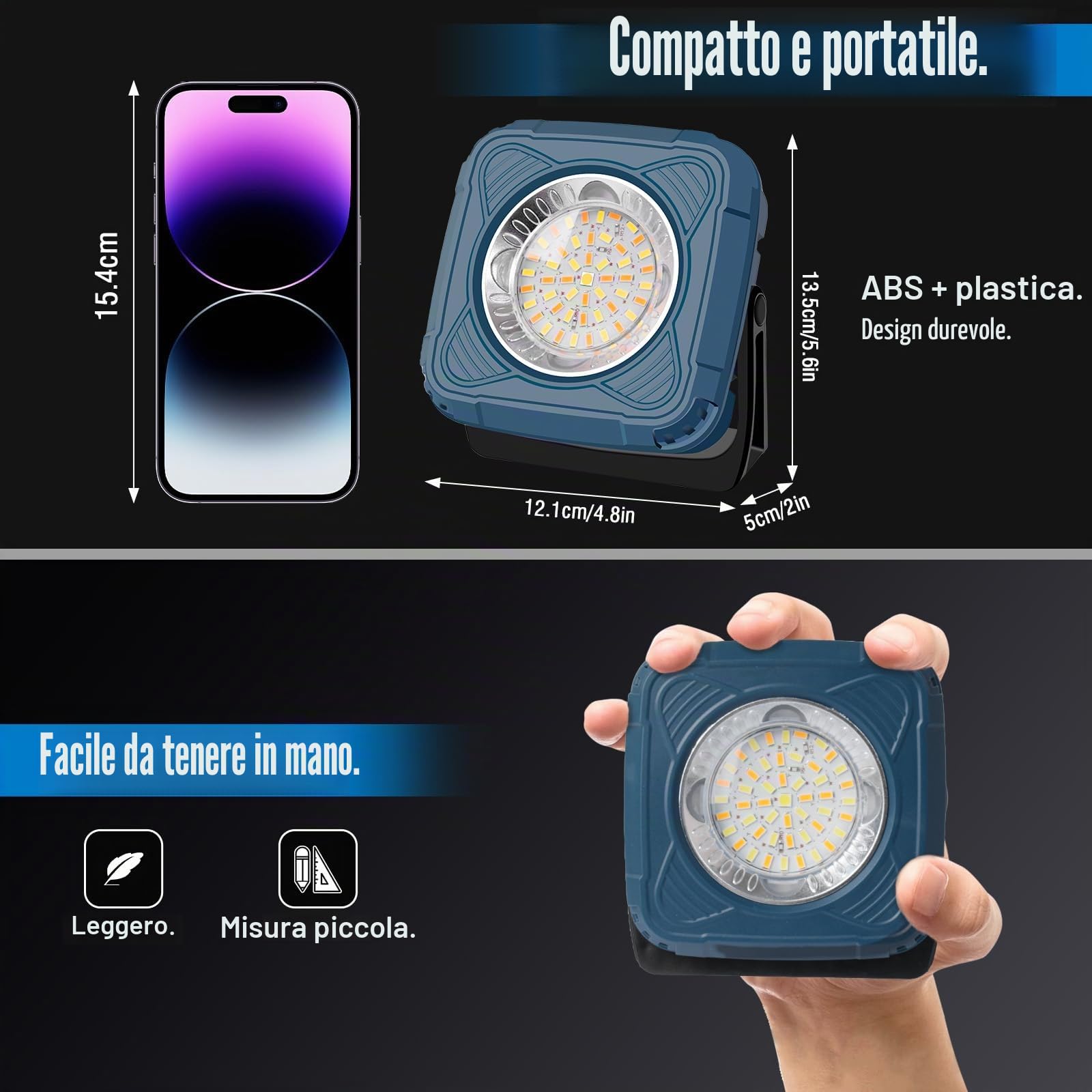 Lampada da Lavoro a LED Ricaricabile, 4 Modalità, Alta luminosità | Regolabile tramite rotazione, fissaggio magnetico, indicatore di carica, 3600 mAh, ideale per officine, cantieri ed emergenze