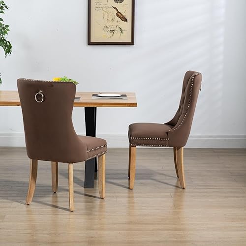 Miniatura 5 de Silla de comedor tapizada de terciopelo con patas de madera y respaldo copetudo, silla auxiliar de decoración de remaches, para comedor, cocina,
