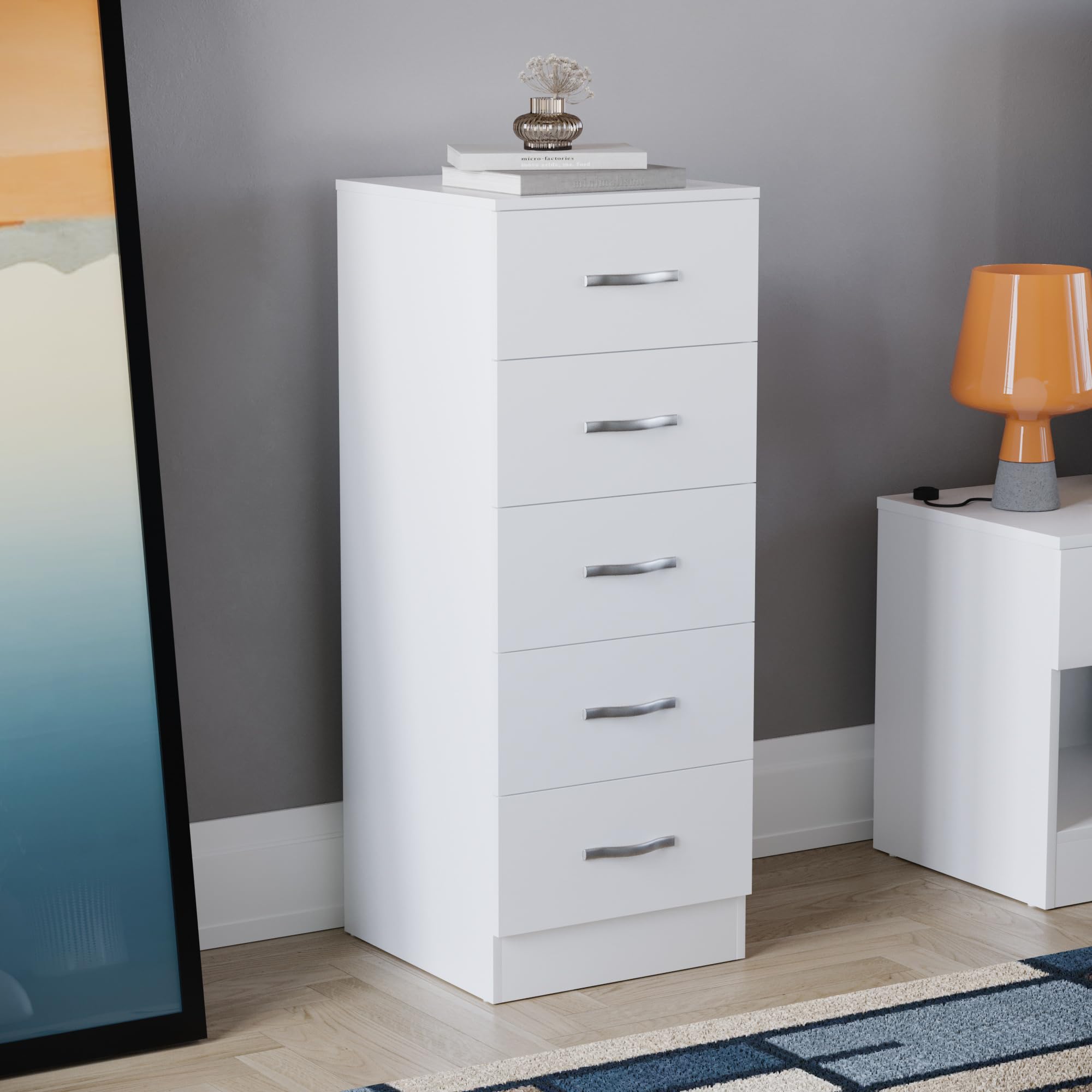 Vida Designs 5 Drawer Narrow Chest Tall Bedroom Storage Unit Sliding Drawers Bedroom Furniture (White)
