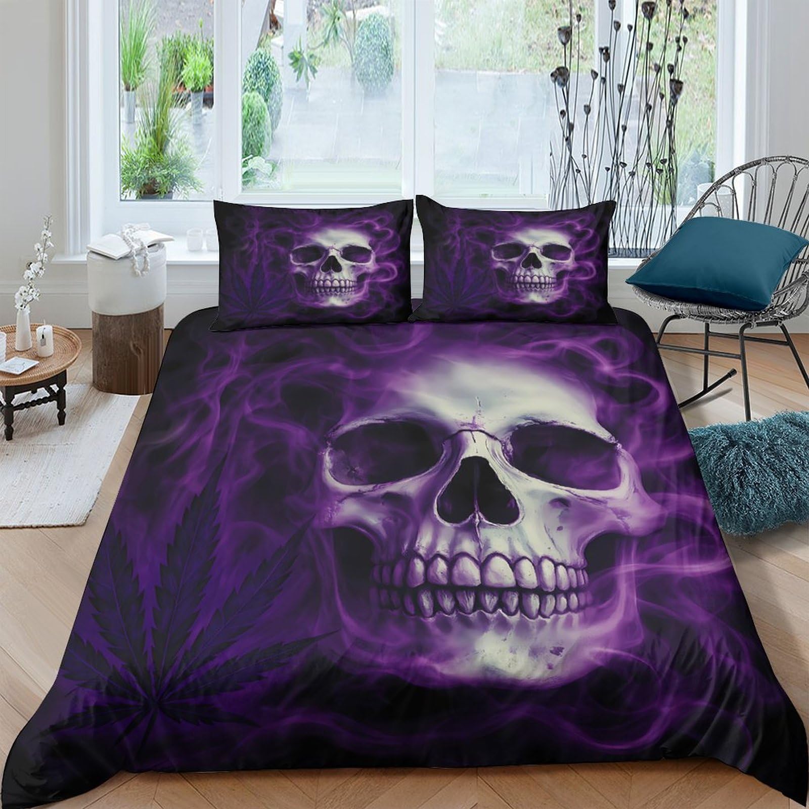 Ctjqhvkz Style-5 3D Printed Purple Skull Fitted Sheet Microfiber Soft Mattress Cover Gothic Smoke Bed Decor For Bedroom Dorm Protection Single（135X200cm）
