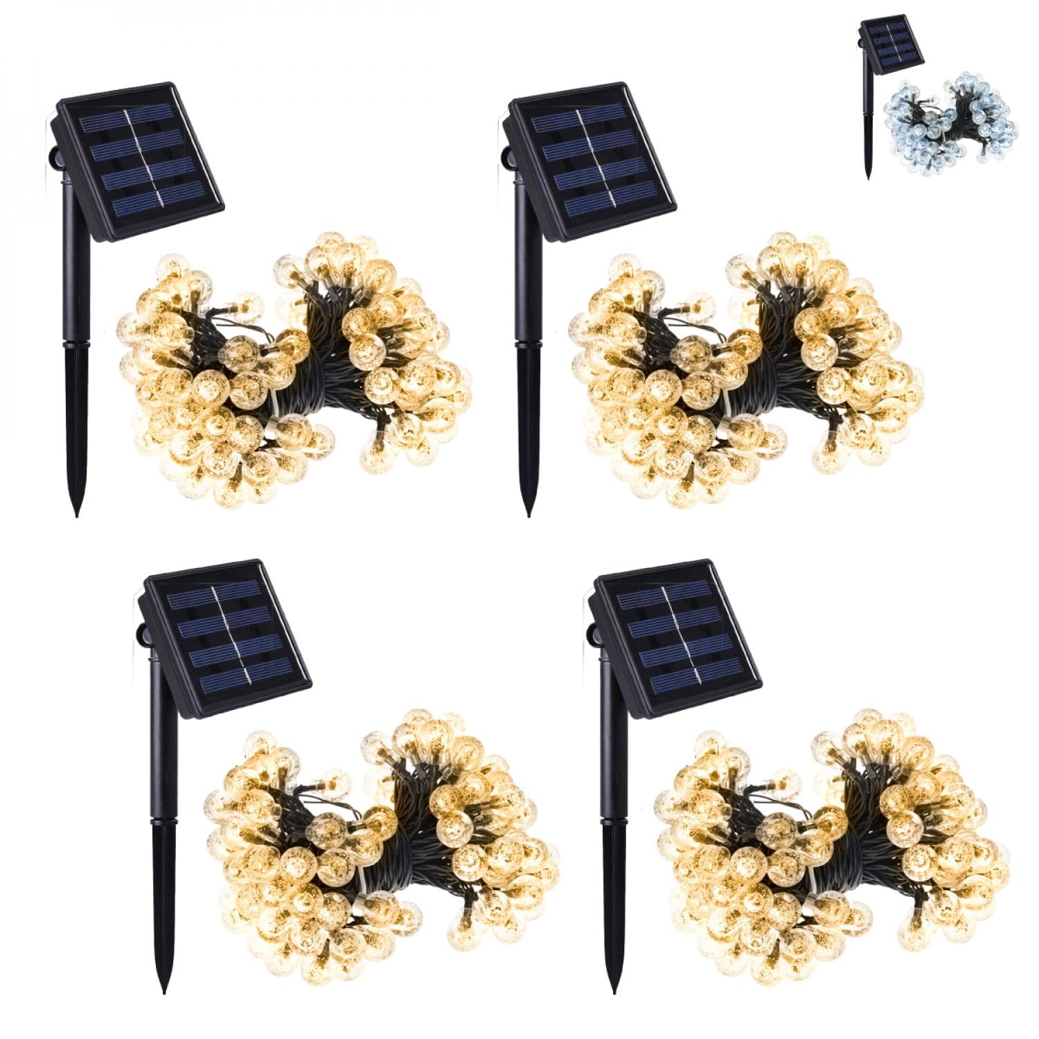 Linxor - Lote de 4 guirnaldas solares exteriores luminosas para jardín o terraza - Bombillas LED grandes Ø 2,2 cm, 8 modos - 17 m - Blanco cálido