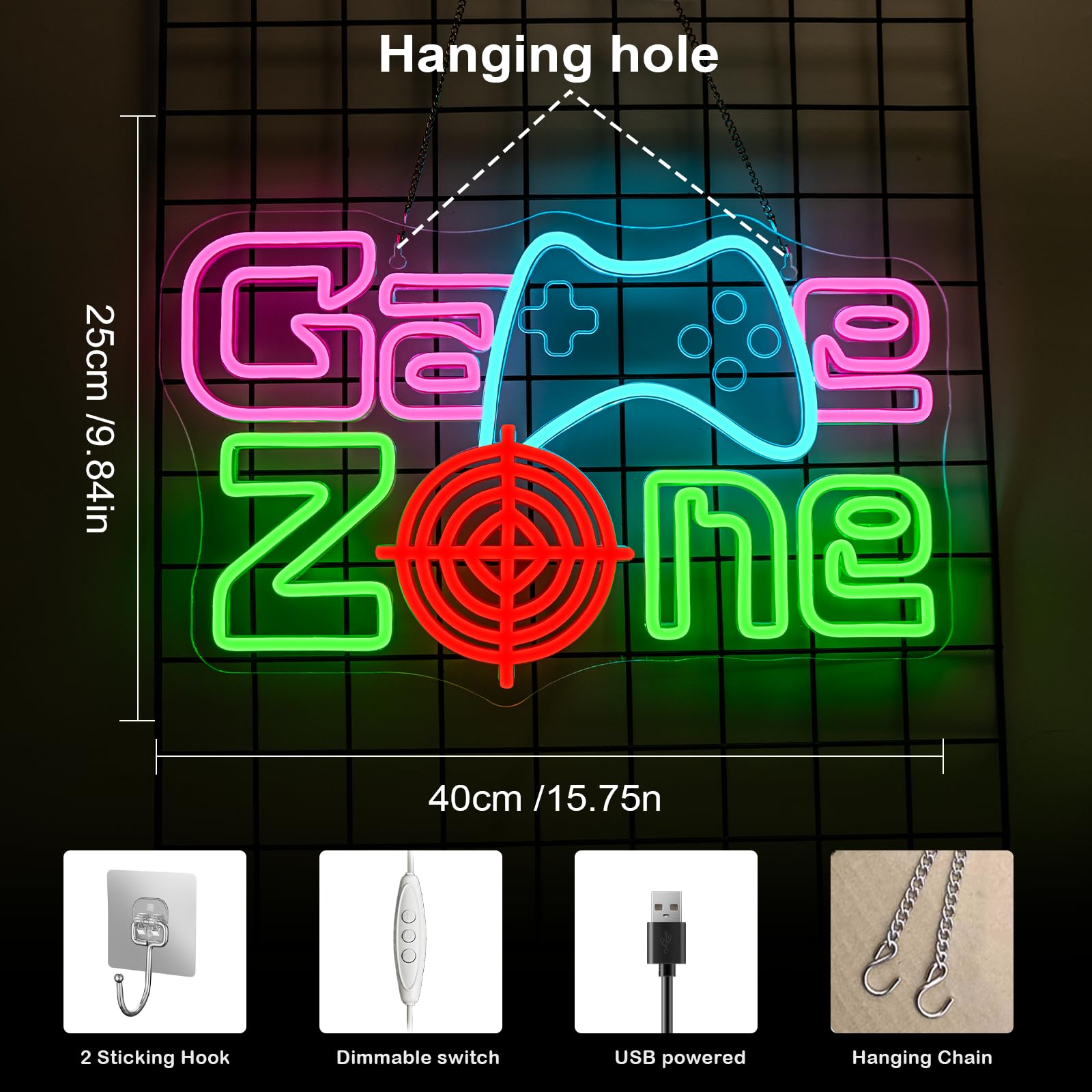 ineonlife Game Zone Neon Led,Radar Gamepad Luces Neon para Decoración de Pared,Letrero Led para Sala de Juegos,Zona de Juegos,Cueva de Hombre,Sala Familiar,Regalo para Niño