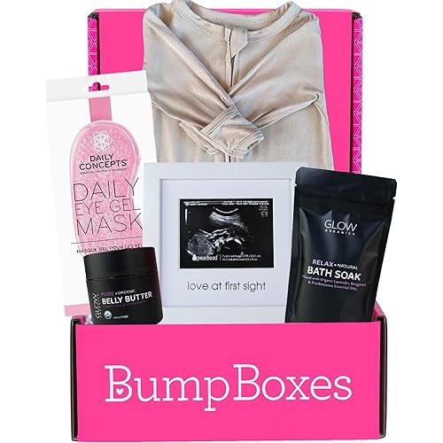 Bump Boxes 2nd Trimester Gift Set, Complete Pregnancy Care Package with Belly Butter, Bath Soak, Baby Footed Sleeper, Sonogram Frame and Eye Mask