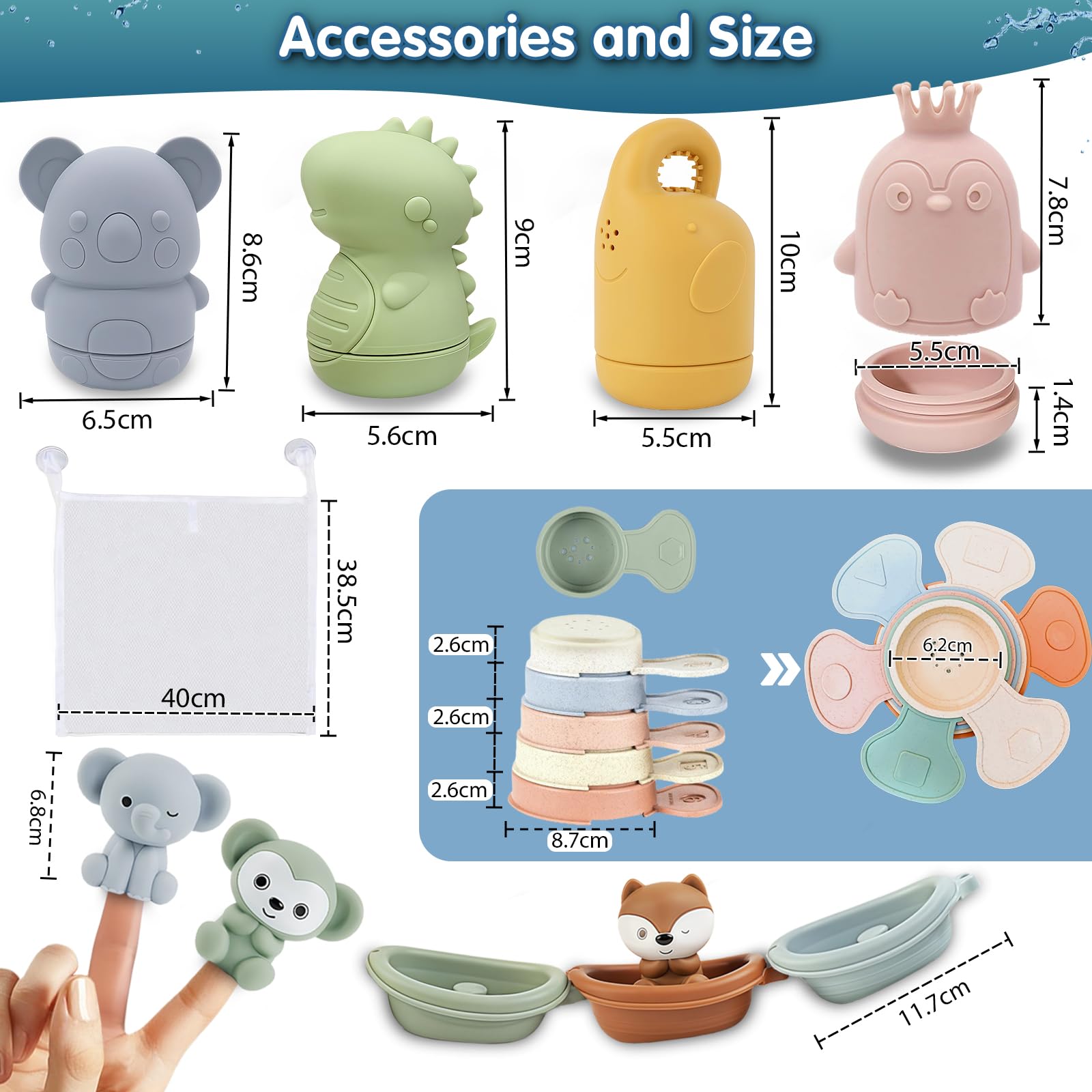 Jouet Bain Bébé, Lot de 16 Jouets de Bain Aspergeurs en Silicone, Jeux de Bain Bebe Animaux, Jouets pour Plage ou Plein Air, Jouets Empilables Enfant Jeux Educatif 1 2 3 Ans, Idéal Cadeaux pour Bébé