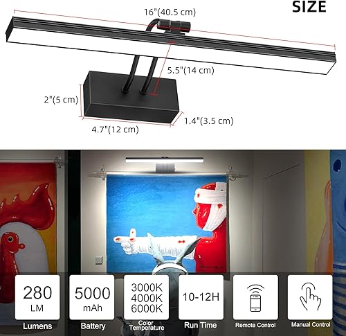 Miniatura 7 de LEEQVHOOLL Luz de imagen, luz de pared de batería de 16 pulgadas, luz de visualización 3CCT, luces de arte de metal para pinturas, temporizador