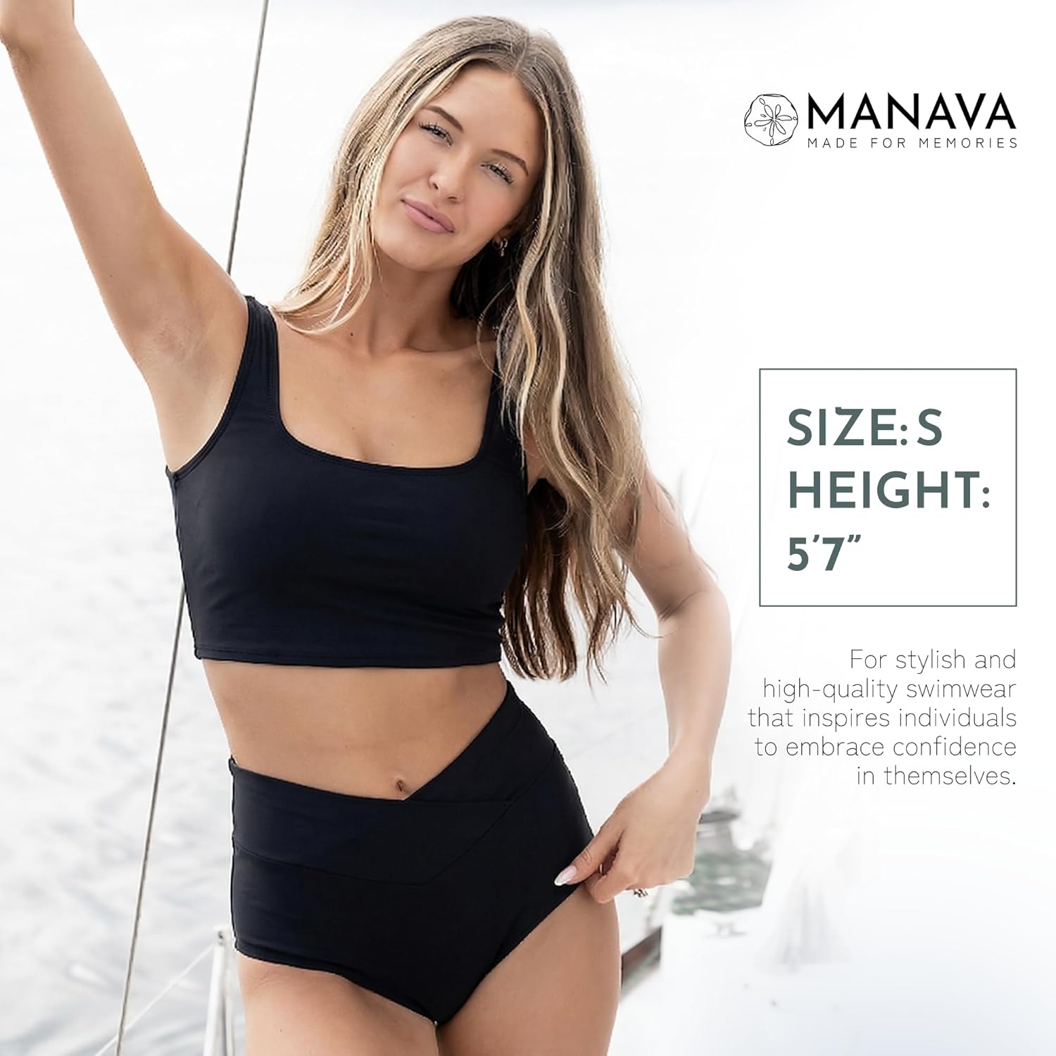 MANAVA Vacationer Bottom Black Women’s High Rise V Cut Bikini Bottom, Ruched High Waisted Swim Bottoms - (XXS - 3XL)