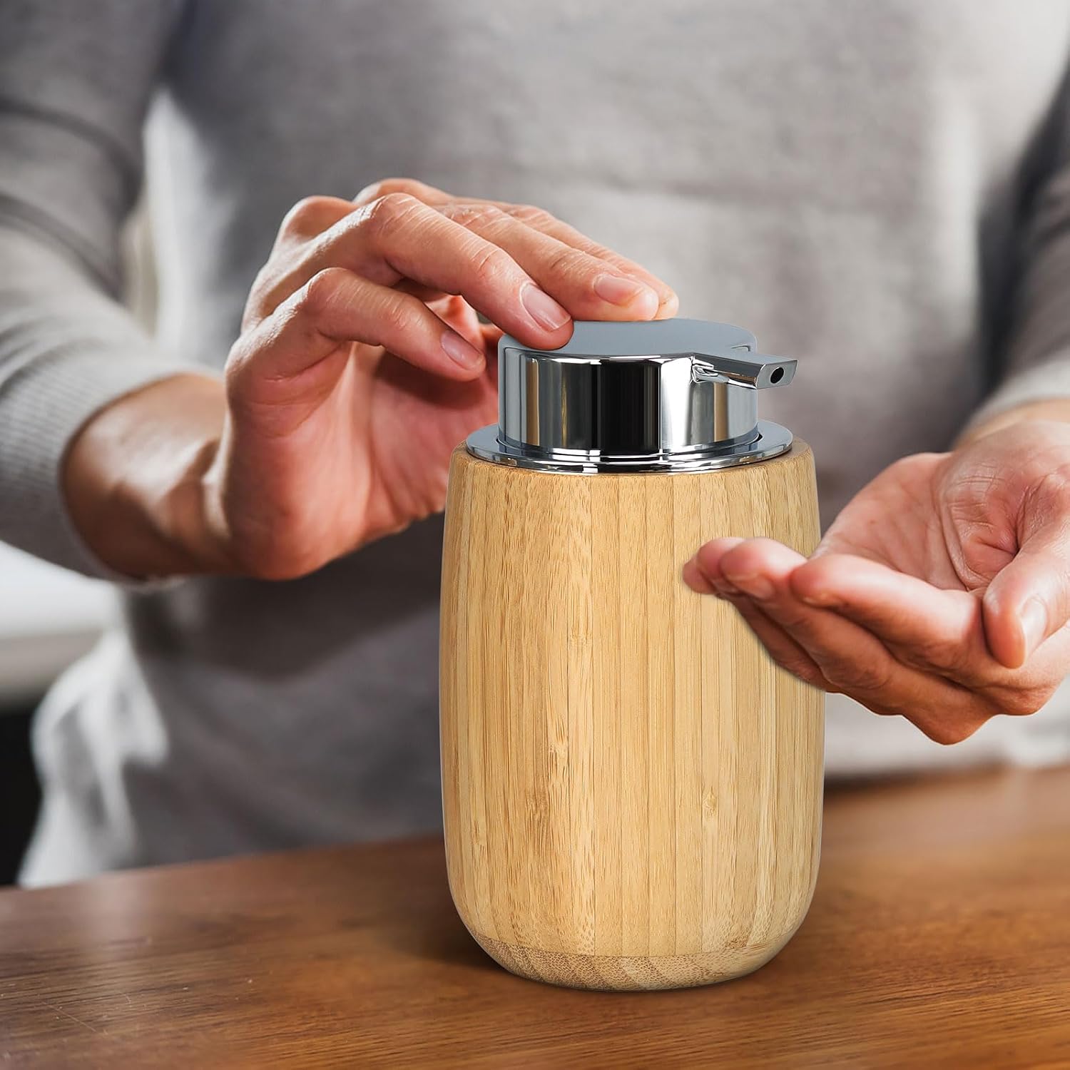 Bamboo Soap Dispenser, Natural Material,Easy to Fill, Liquid Hand Soap Dispenser for Essential Oil, Lotion Dispenser with Pump for Home, Kitchen