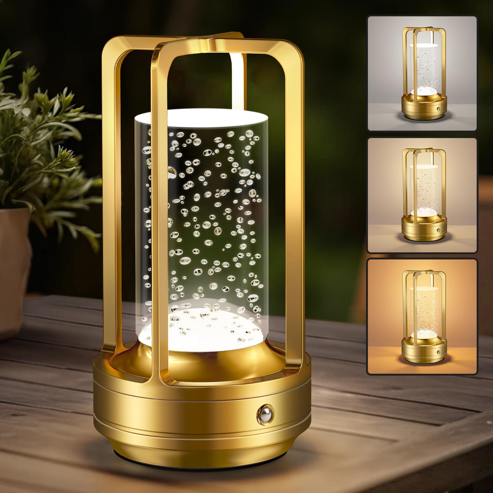 Portable Table Lamp for Outdoor Indoor Cordless Rechargeable Desk Lamp with 3 Color Stepless Dimmable - Metal Battery