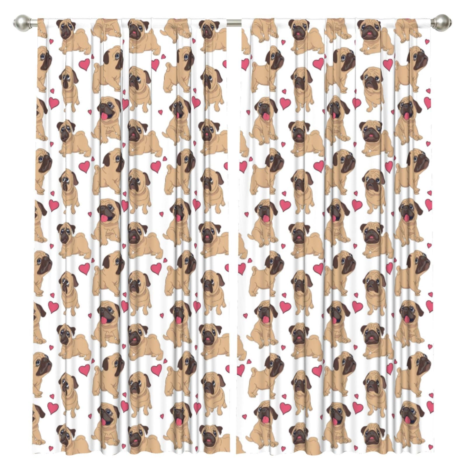 InOmak Funny Cartoon Pugs Puppies, 2 Panels Window Curtains 52 x 84 Inch Blackout Curtains for Living Room Bedroom