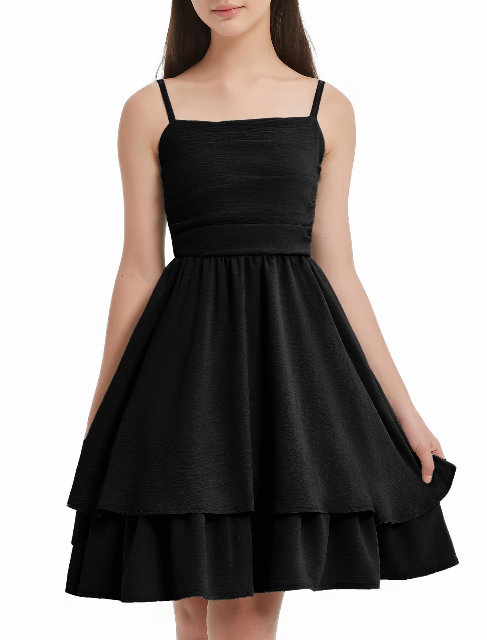 EXARUS Vestido formal para niñas de 8 a 14 años, con volantes, fruncido, tirantes delgados, regreso a casa, baile, fiesta | Playa de vacaciones en la playa Hawaii Seaside Homecoming Dance Formal Cami Casual Swing Swing Spaghetti Strap For 8-14Y