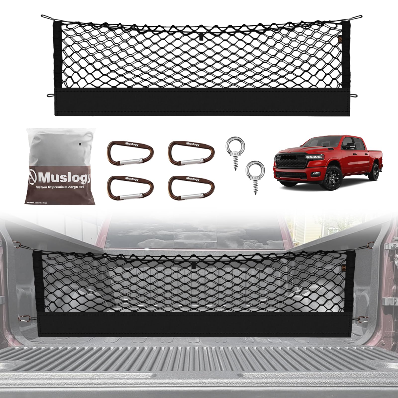 Muslogy Truck Bed Cargo Net Compatible with Dodge Ram 1500 2019-2025 Accessories Bed Storage Net Cargo Organizer Pickup Truck Bed Envelope Style Cargo Net with Heavy Duty Carabiners 10