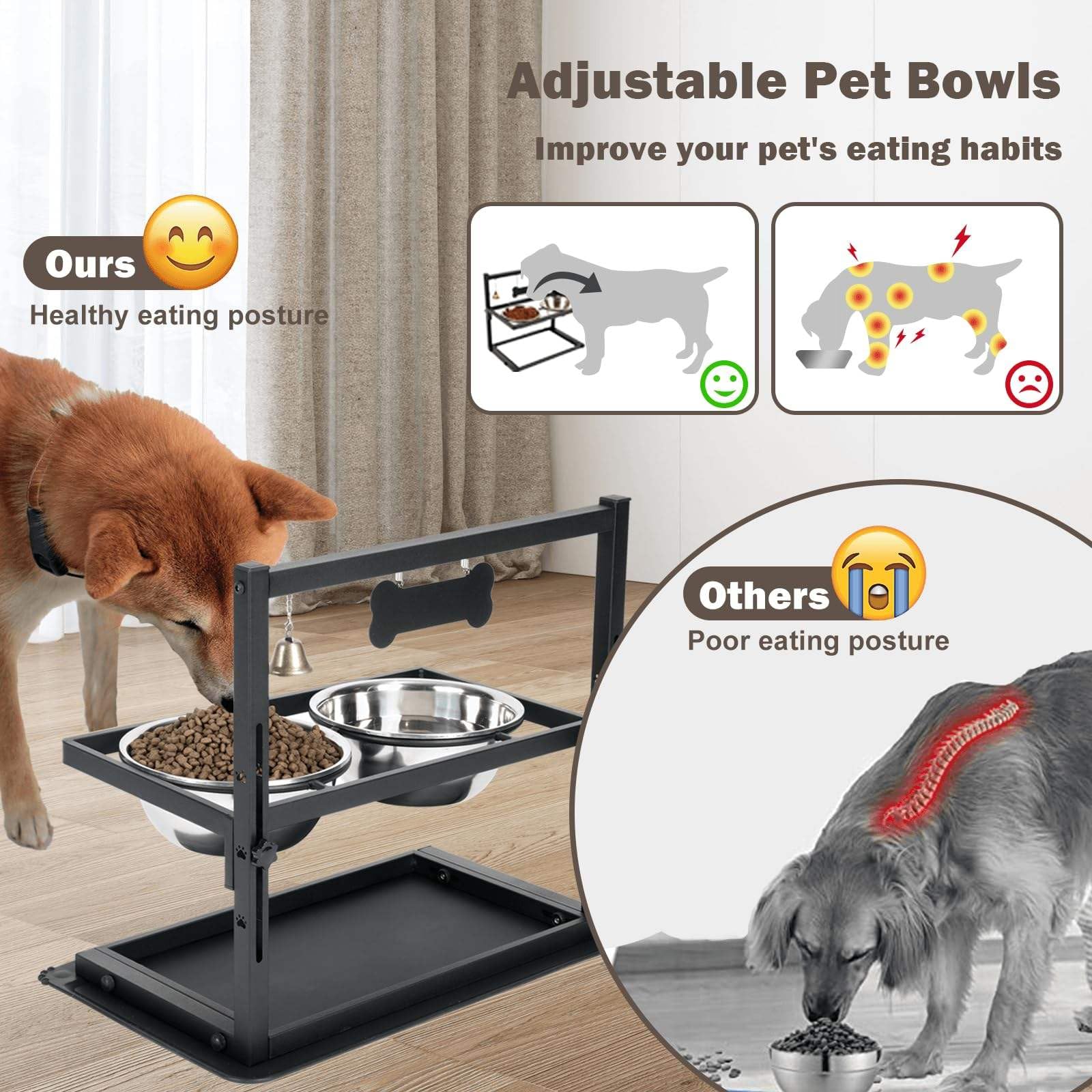 Gamelle surélevée pour chien, gamelles surélevées réglables en hauteur à 7 degrés, support de gamelles surélevées inclinées à 10° avec tapis anti-déversement, deux gamelles d'eau en acier inoxydable