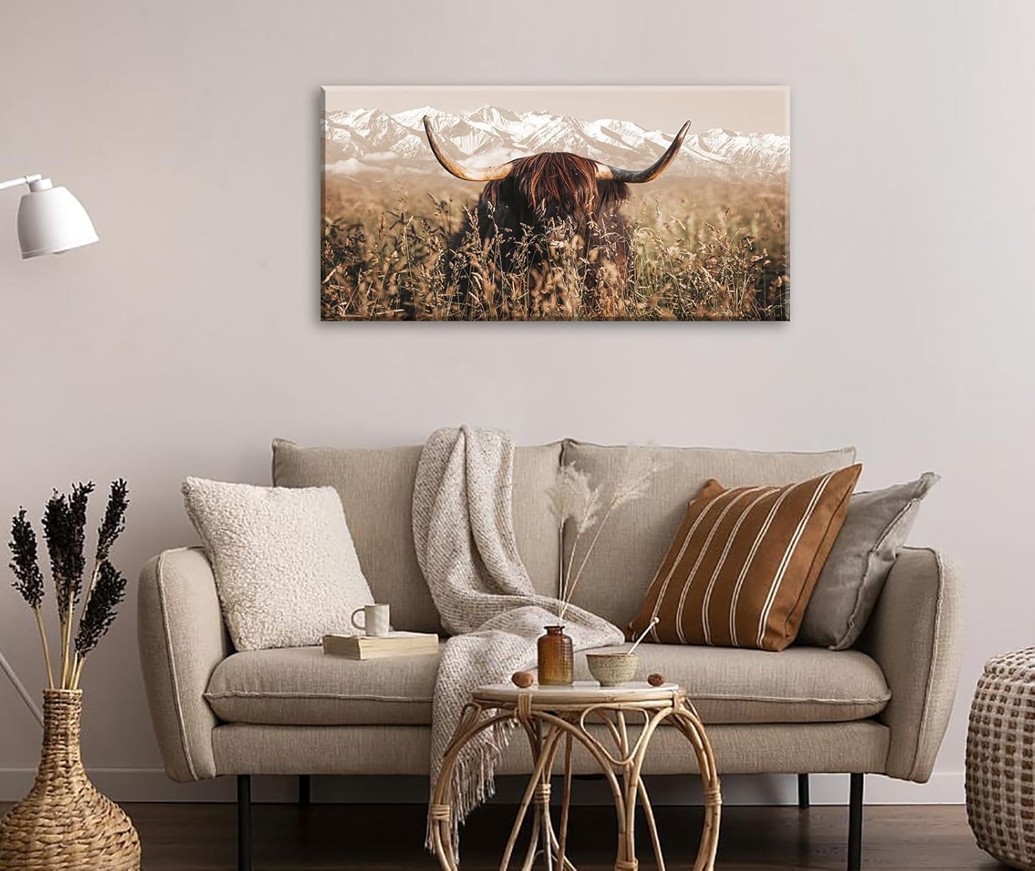 DJSYLIFE Highland Cow Wall Art Farmhouse Decor Canvas Printed Country Cow Pictures Western Rustic Modern Artwork Decorations for Bedroom Office Living Room Framed Ready to Hang 20" x 40"