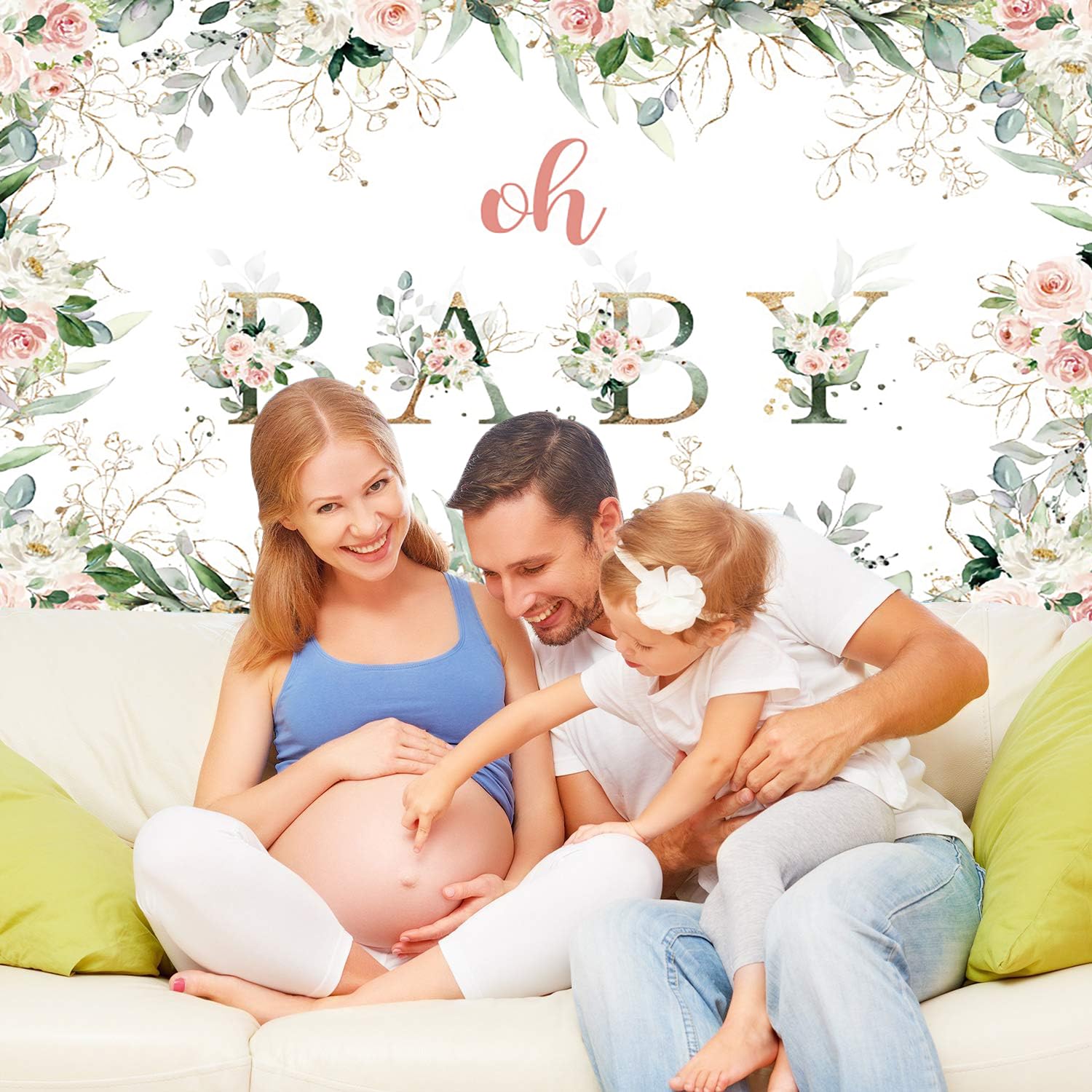 3.6x3m Telón de Fondo Baby Shower Oh Baby Girl Blush Pink y Oro Floral Verde Hojas de eucalipto Fotografía de Fondo recién Nacido Baby Shower Cumpleaños Decoraciones Banner Photo Booth Props