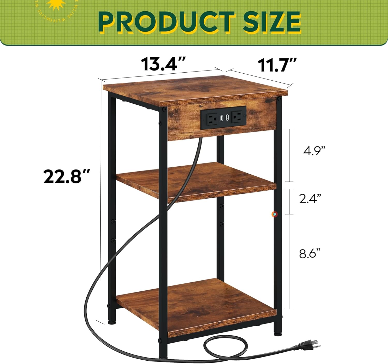 WLIVE End Table with Charging Station, Small Night Stand with 3 Storage Shelves, Side Tables for Small Spaces, Bedside Tables for Living Room, Bedroom, Rustic Brown - Image 3
