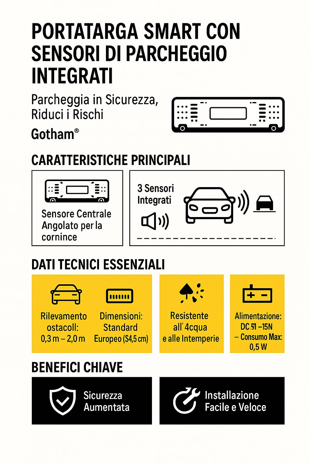 Gotham Portatarga Universale con 3 Sensori di Parcheggio posteriori Integrati e Buzzer | Sistema di Assistenza Retromarcia con Allarme Acustico | Installazione Facile | Impermeabile