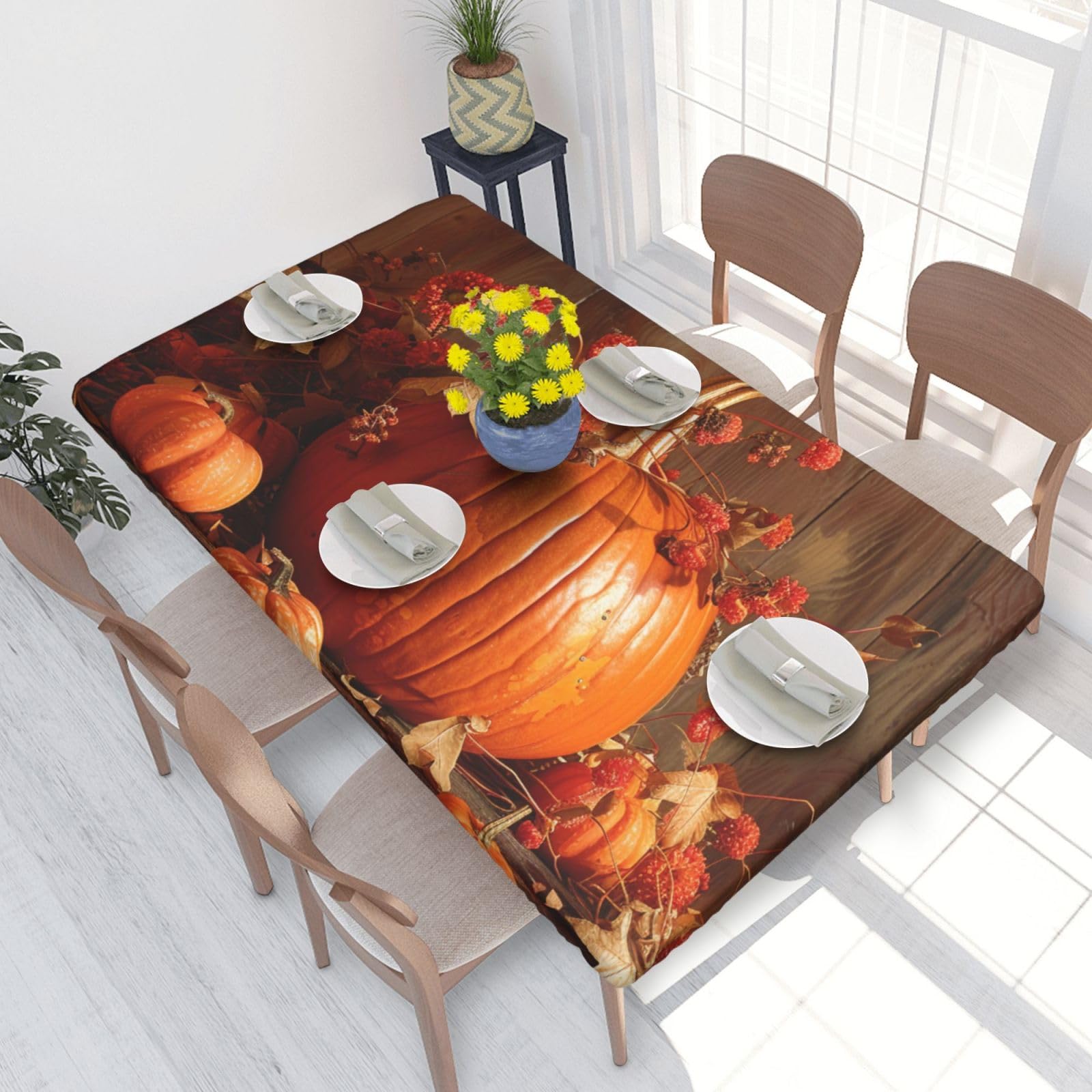 DCARSETCV pumpkin Printed 4FT Waterproof Tablecloth with Elastic Edged Protect & Decor Your Table, Oil-proof Washable Table Cloth Cover for Dinner Picnic Party