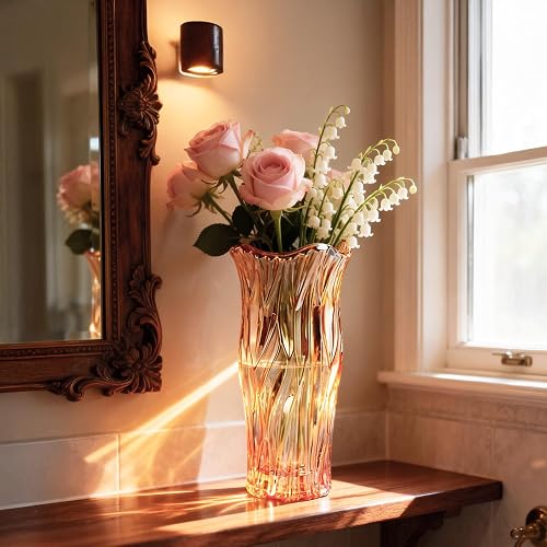 Glass Vase for Flowers, Gold Amber Clear Glass Vases for Centerpieces, Crystal Vase for Home Table Flower Decor 9.1 inches Tall