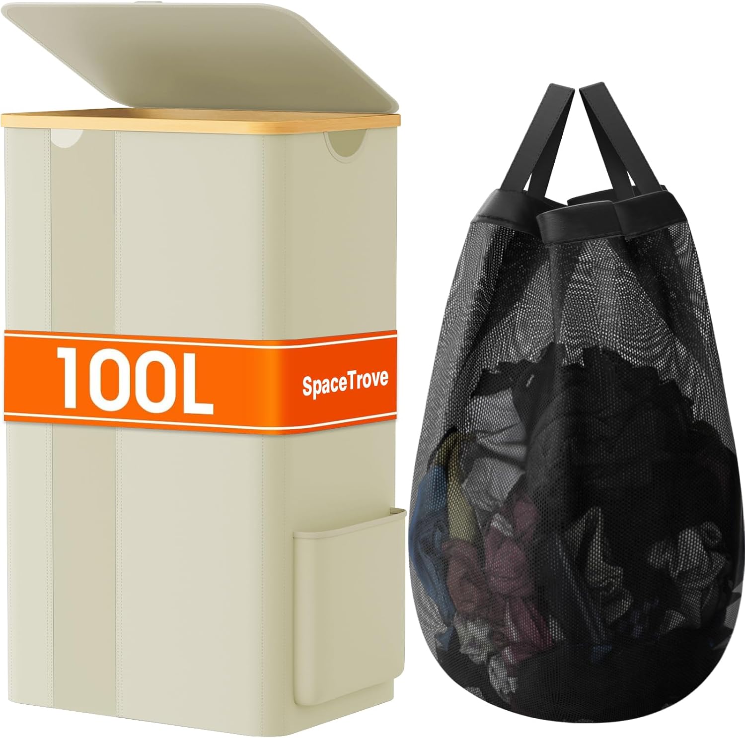 SpaceTrove Laundry Basket Clothes Hamper with Lid and Pocket Large Collapsible Laundry Baskets with Handle, Freestanding Hampers for Bedroom Aesthetic, Dorm, Bathroom, Laundry Room (100L, Beige)