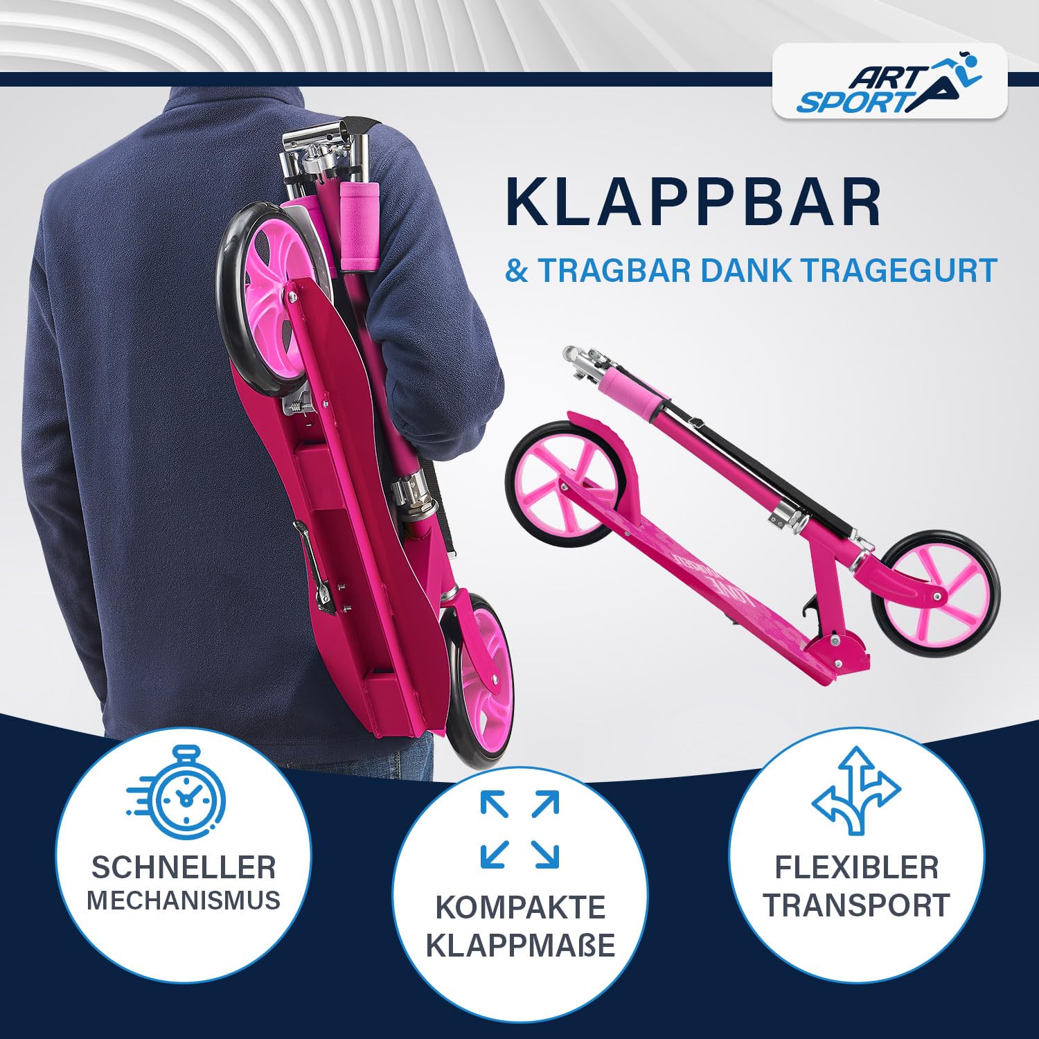 ArtSport® Scooter Cityroller Big Wheel 205mm Räder klappbar & höhenverstellbar - Kinder-Roller ab 3 Jahre - Tretroller bis 100 kg - pink