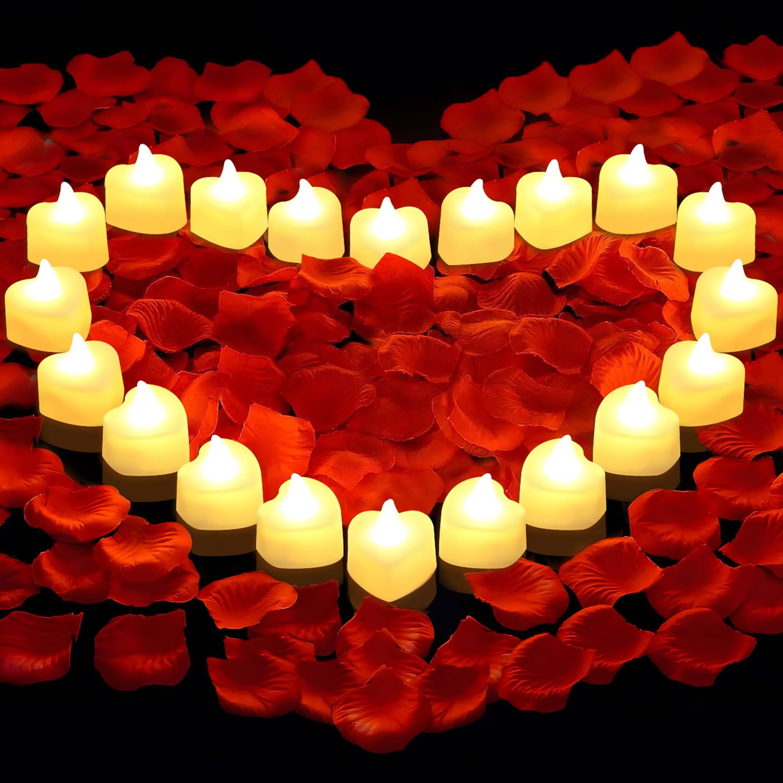 3000 PCS Artificial Rose Petals with 20 PCS Flameless LED Tea Lights Candles Decoration for Special and Romantic Night, Wedding Anniversary, Event, Party Decoration