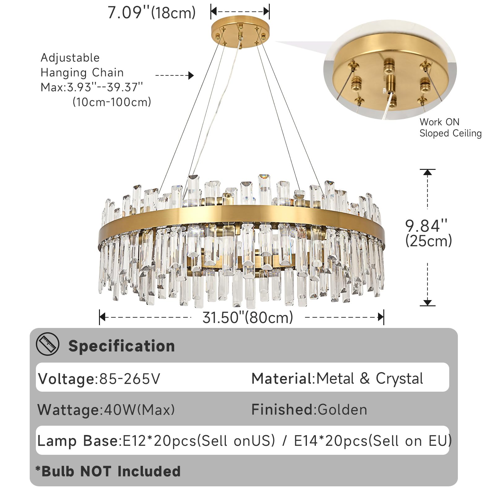 Lampadario moderno di cristallo a sospensione d'oro, lampada di cristallo a sospensione rotonda, 20xE14 lampada a sospensione per soggiorno, sala da pranzo, camera da letto, Φ80cm