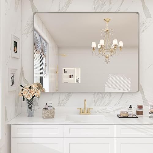 Miniatura 7 de Espejo de baño plateado cepillado de 40 x 30 pulgadas para pared, espejo de tocador de baño con marco de metal cepillado, espejo rectangular
