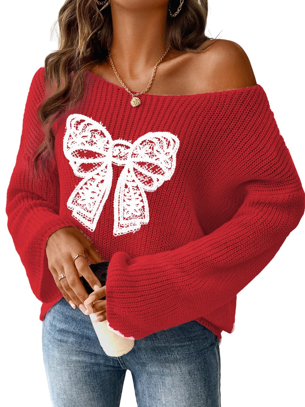 Bow Sweater Cute Coquette Off Shoulder Sweaters for Women Christmas Birthday Family Photo Outfits